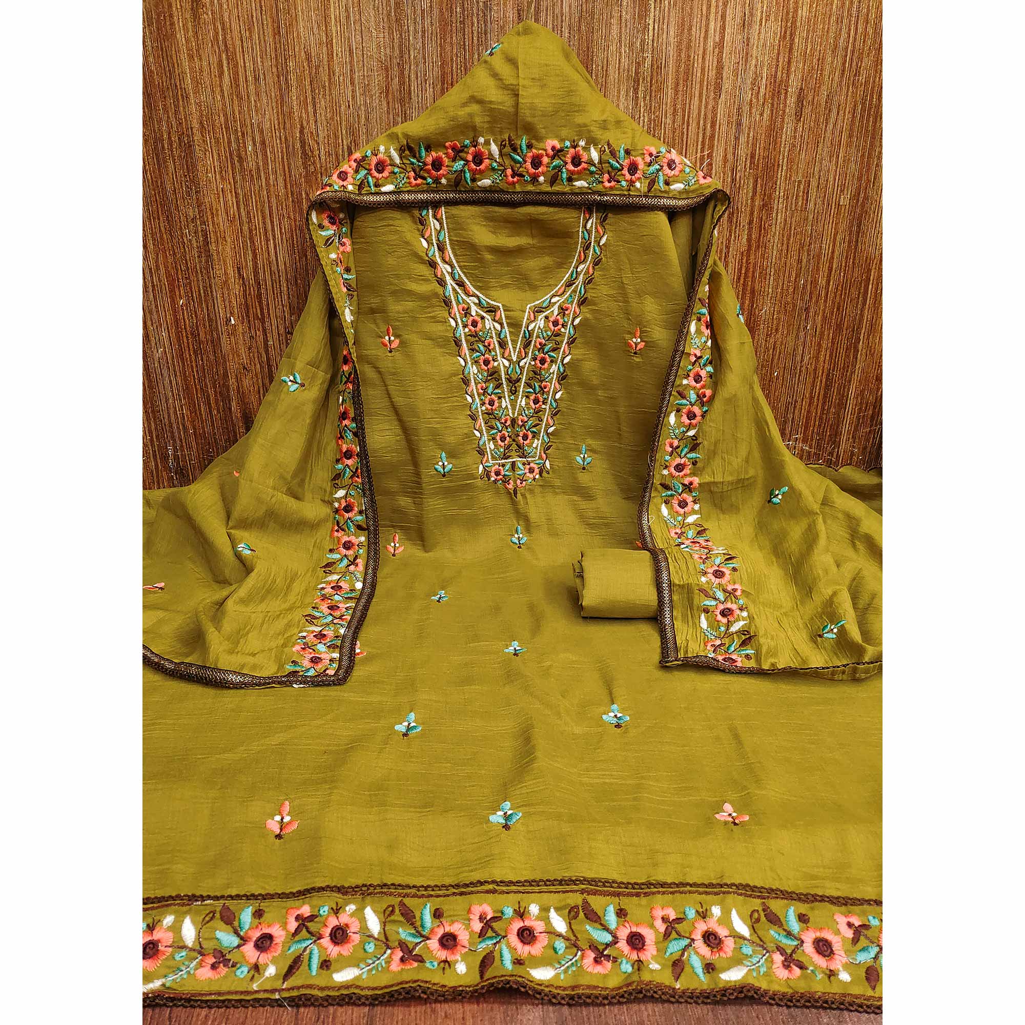 Mehendi Green Floral Embroidered Cotton Blend Dress Material