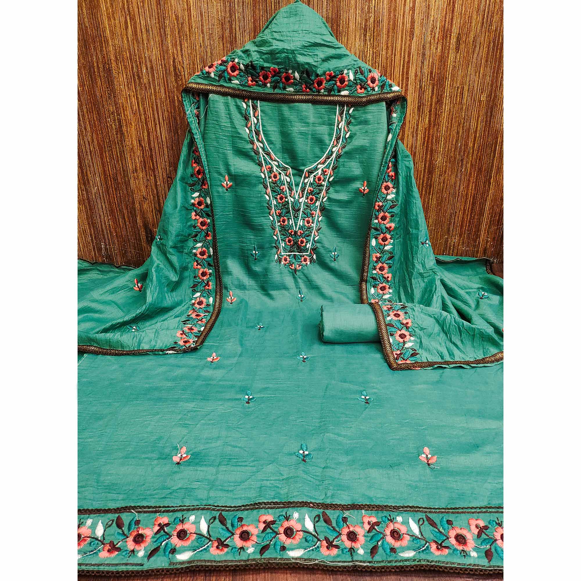 Rama Green Floral Embroidered Cotton Blend Dress Material