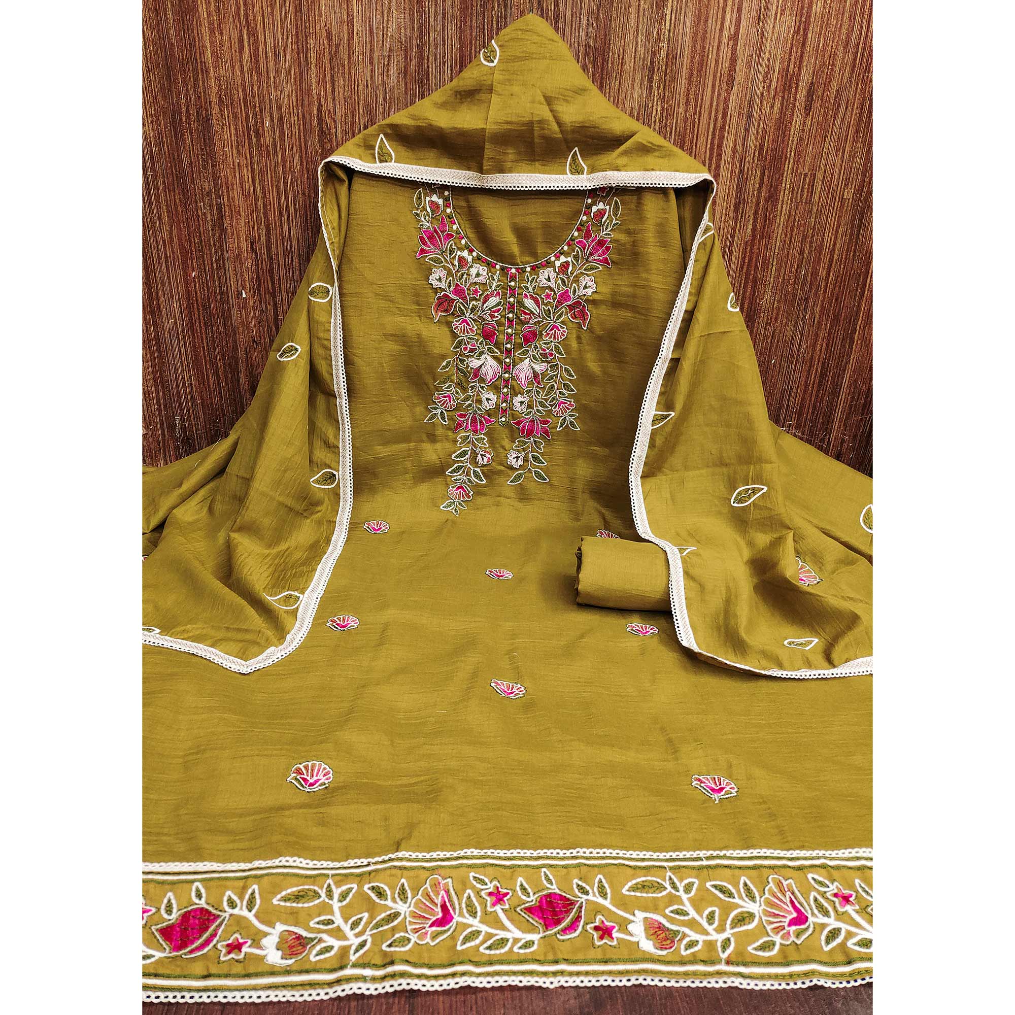 Mehendi Green Floral Embroidered Cotton Blend Dress Material