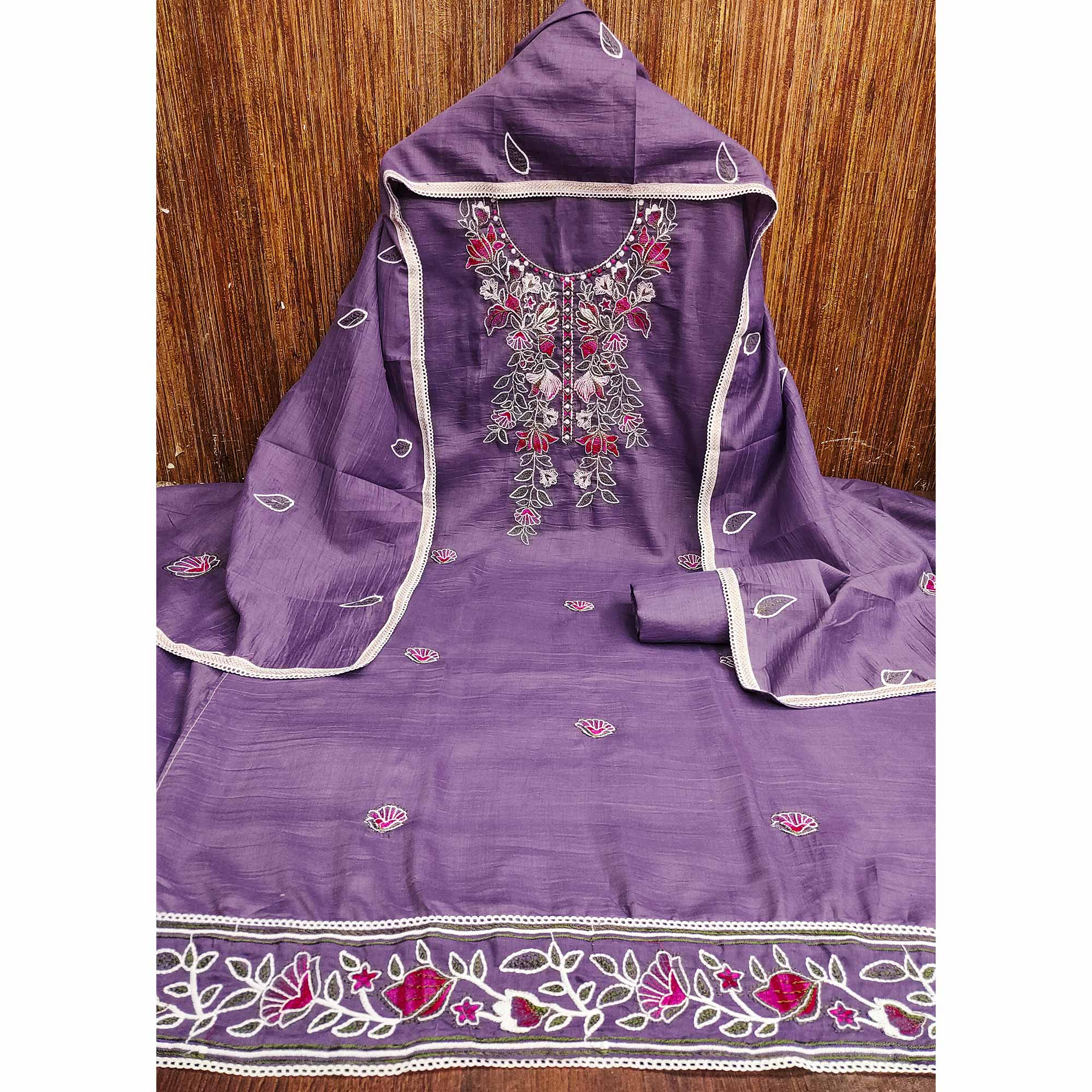 Purple Floral Embroidered Cotton Blend Dress Material