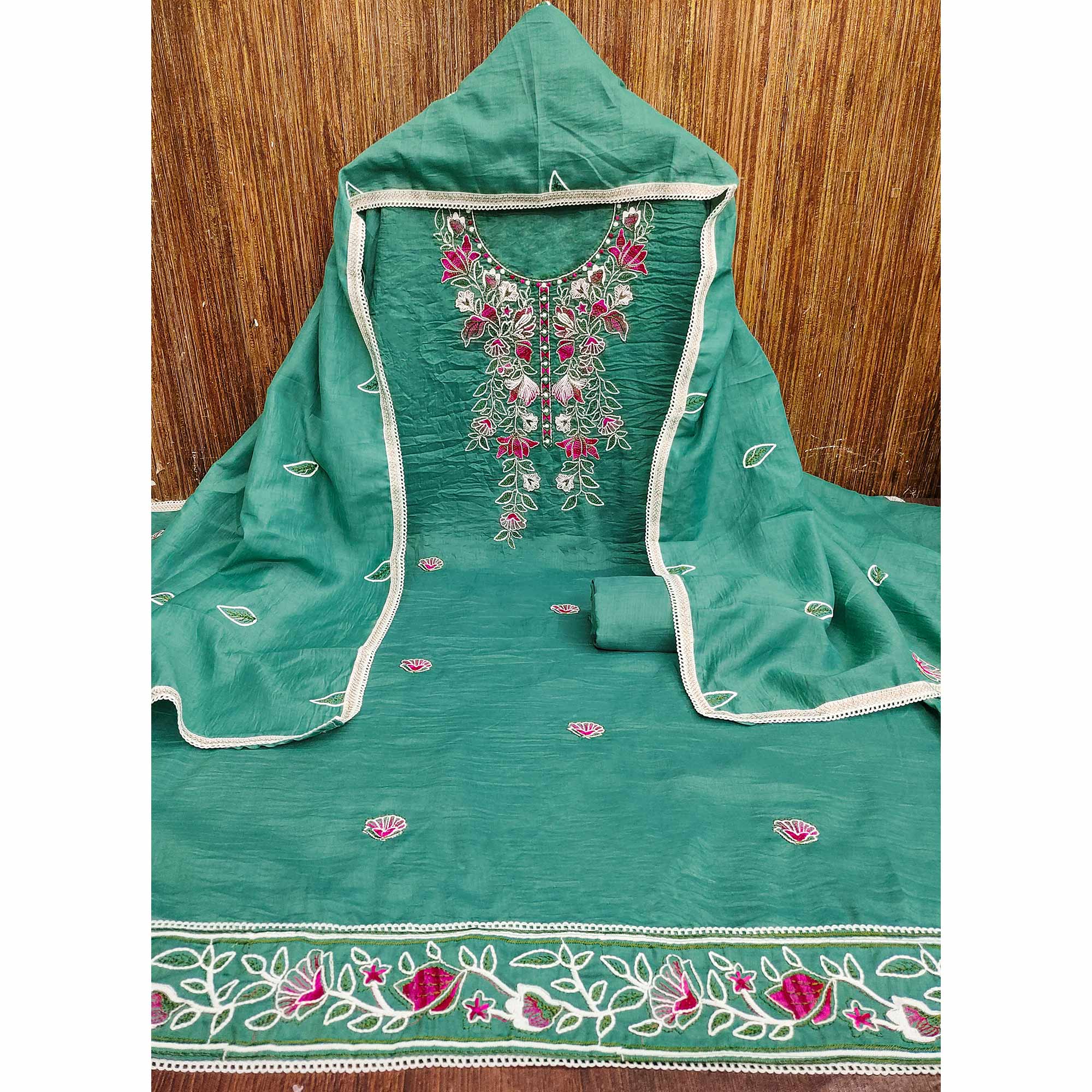 Rama Green Floral Embroidered Cotton Blend Dress Material