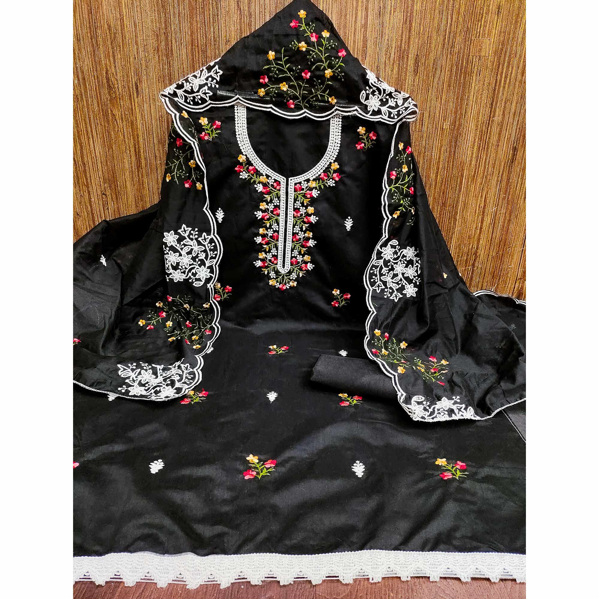 Black Floral Embroidered Chanderi Cotton Dress Material