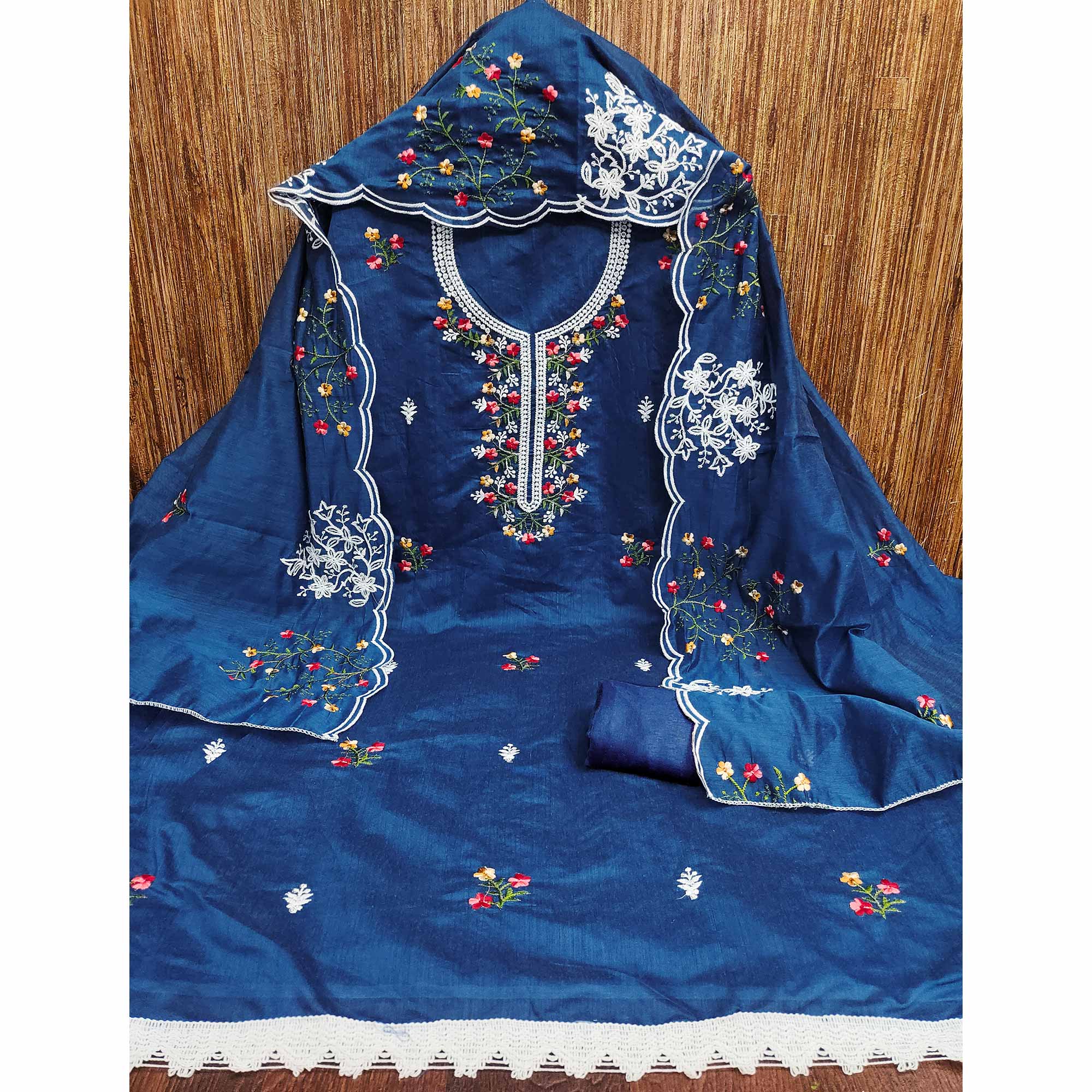 Blue Floral Embroidered Chanderi Cotton Dress Material