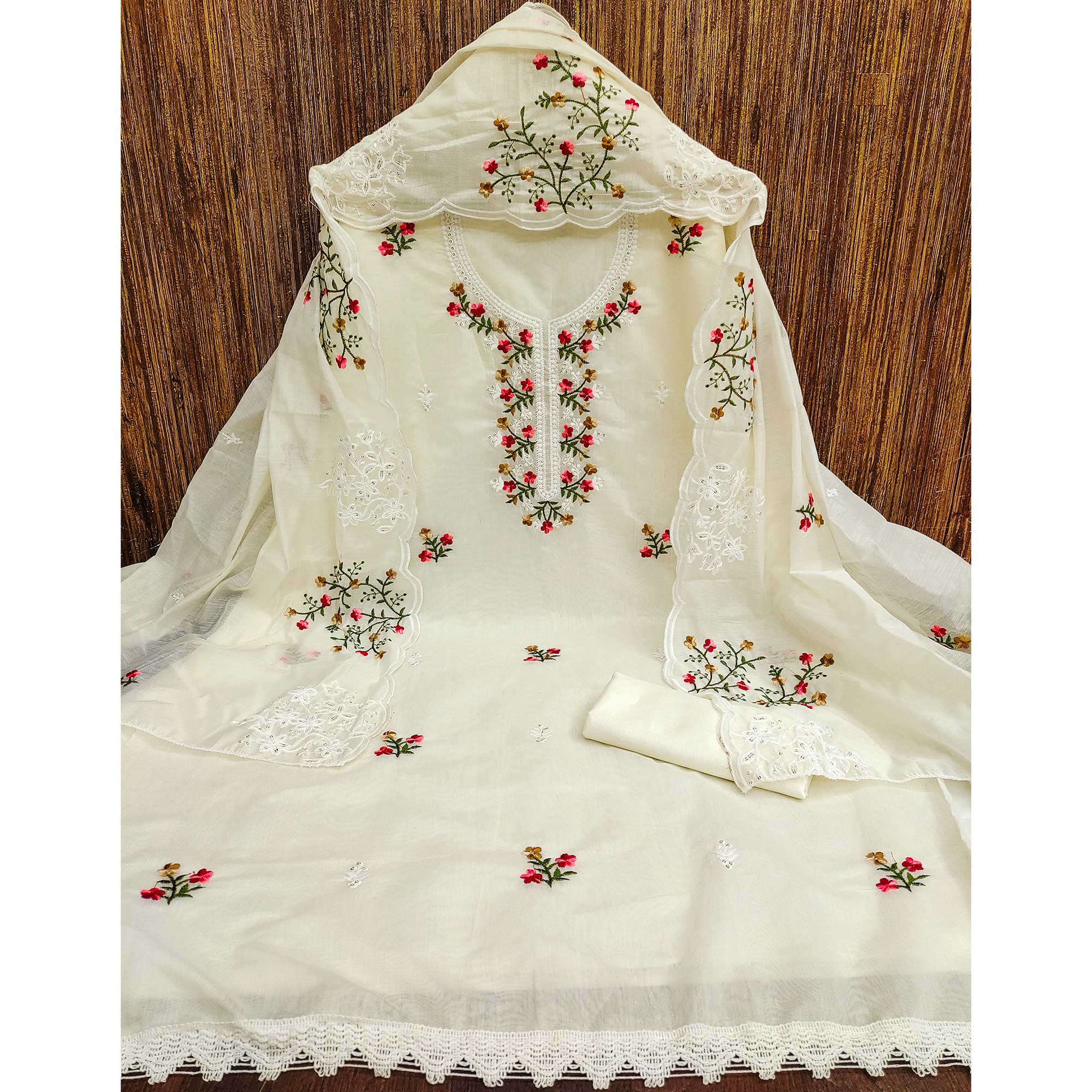 Cream Floral Embroidered Chanderi Cotton Dress Material