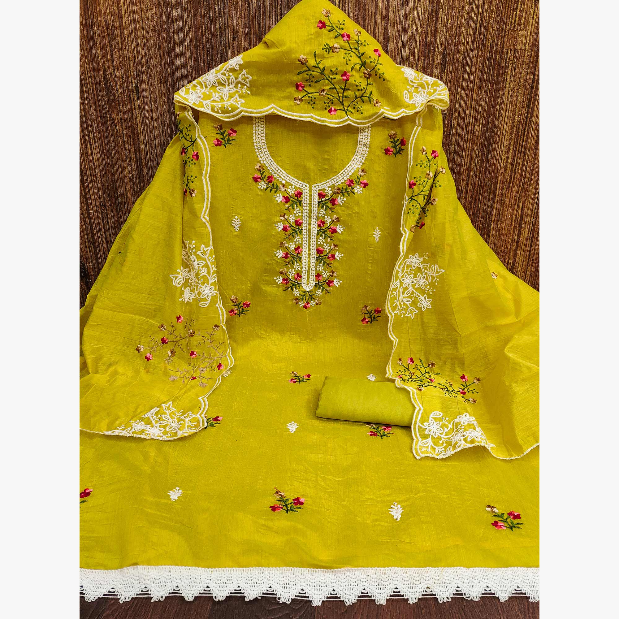 Lemon Green Floral Embroidered Chanderi Cotton Dress Material