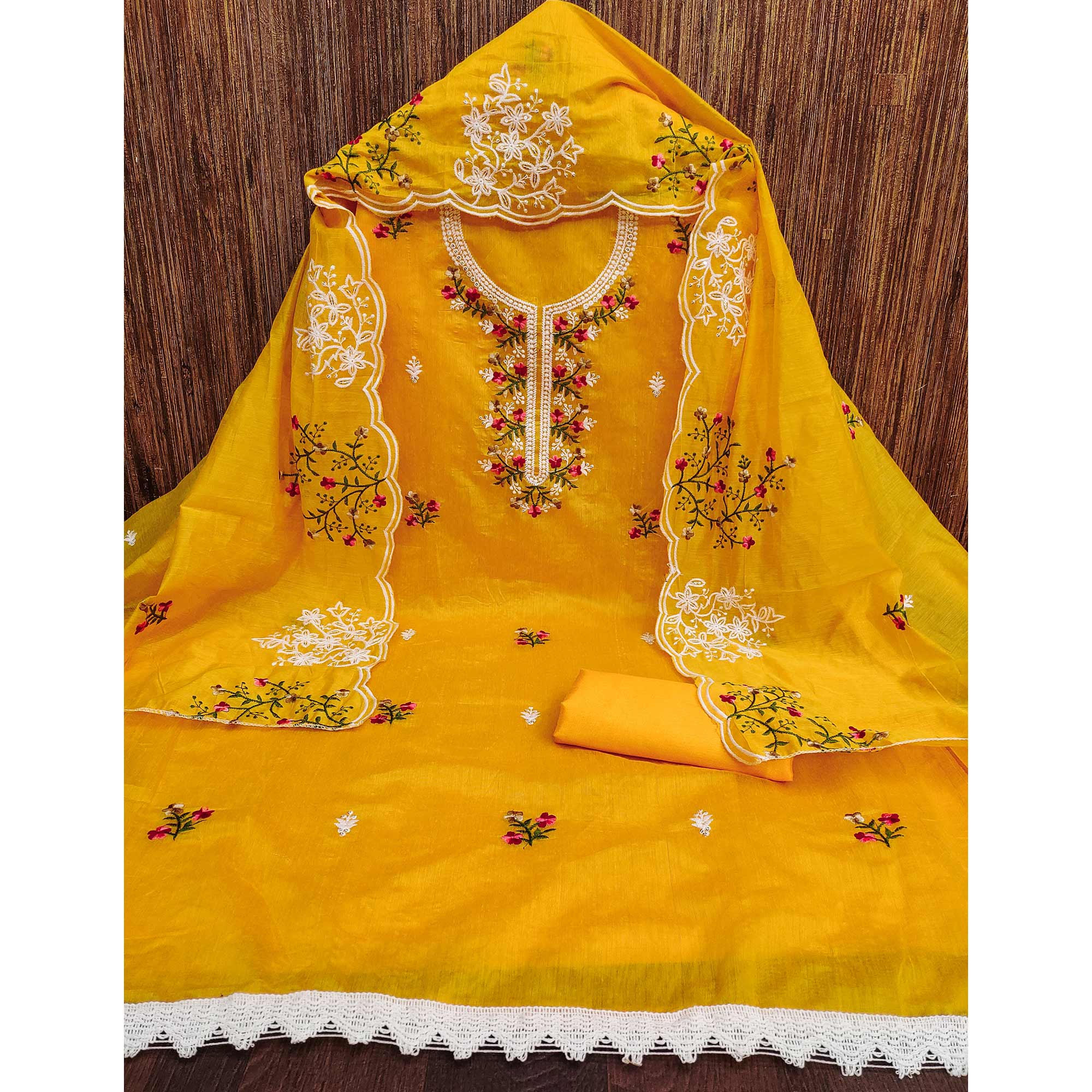 Mustard Floral Embroidered Chanderi Cotton Dress Material