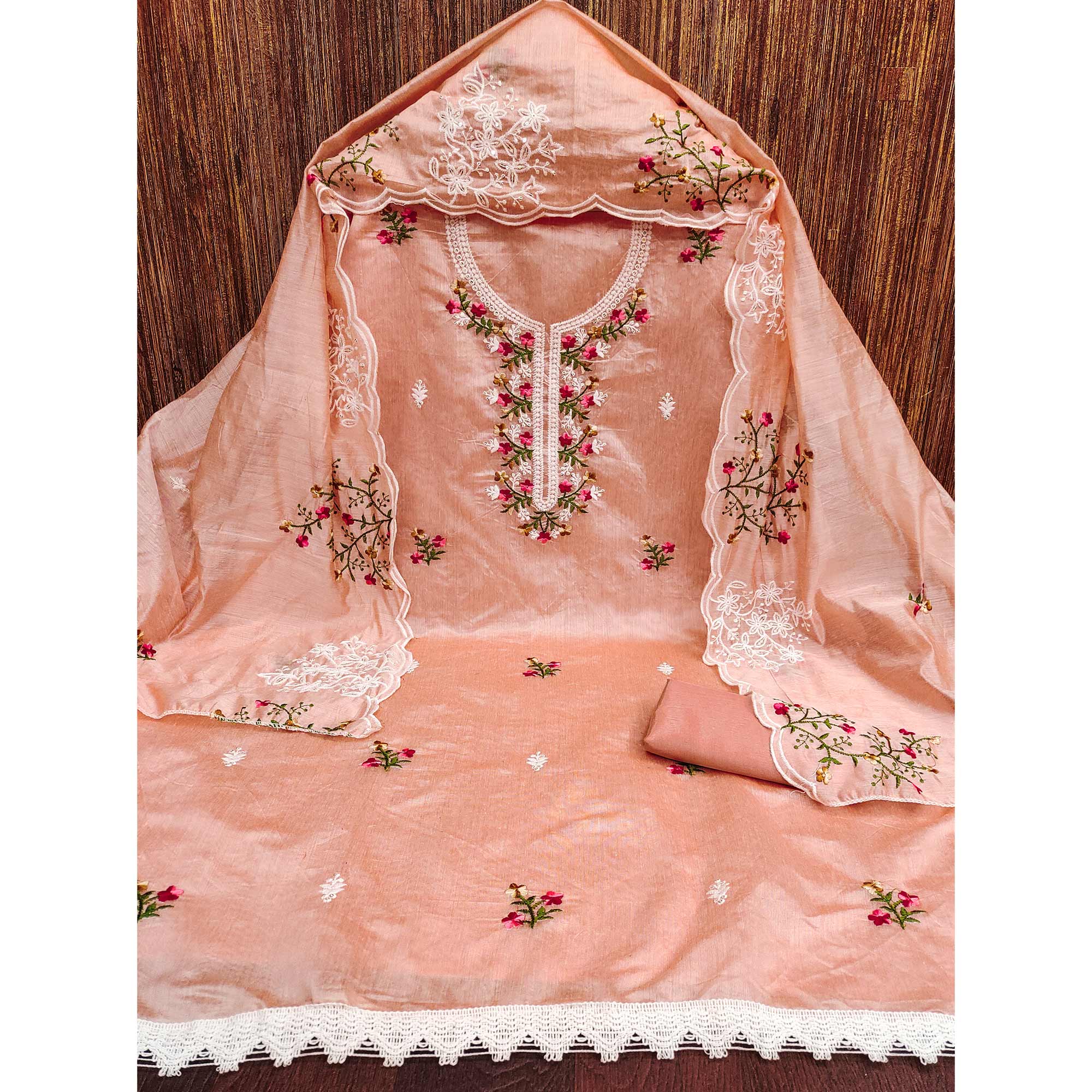 Peach Floral Embroidered Chanderi Cotton Dress Material