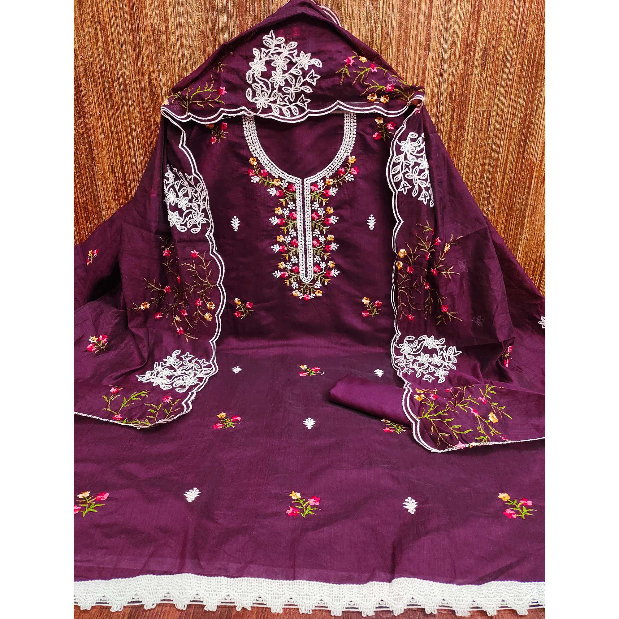 Wine Floral Embroidered Chanderi Cotton Dress Material