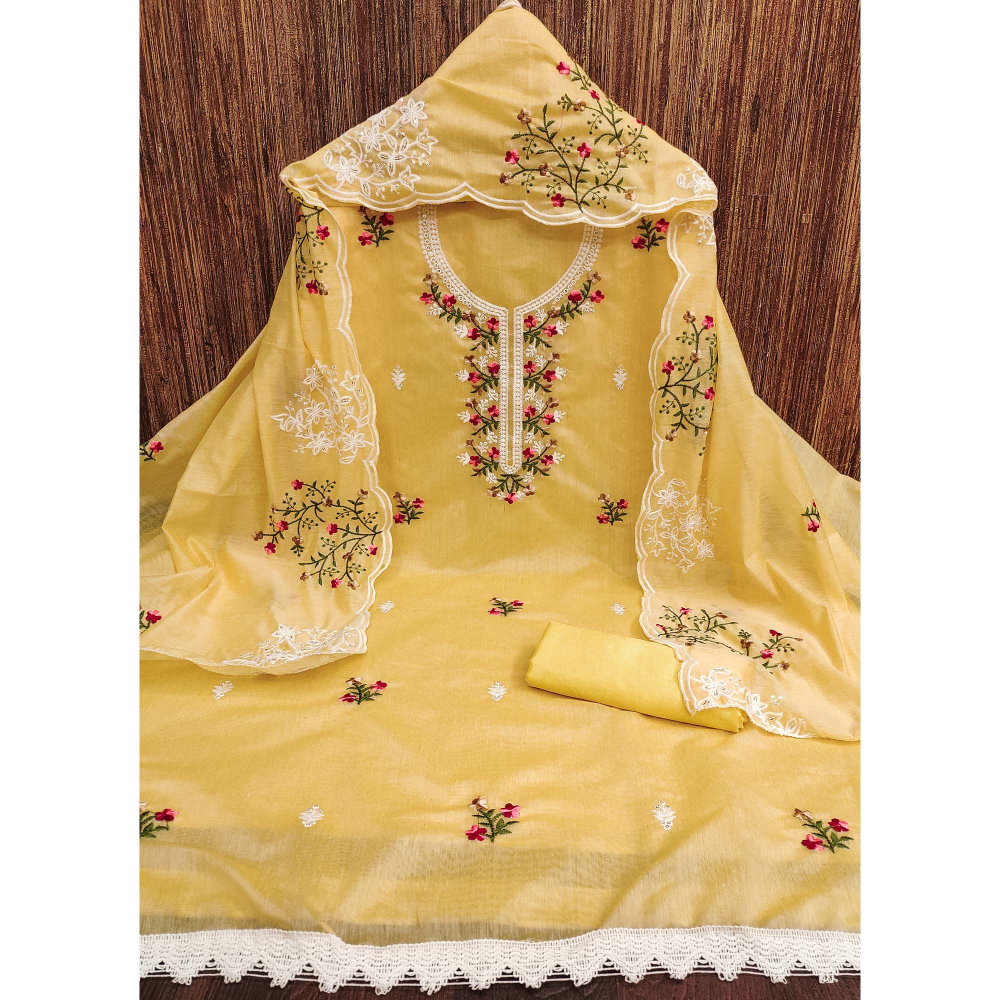 Yellow Floral Embroidered Chanderi Cotton Dress Material