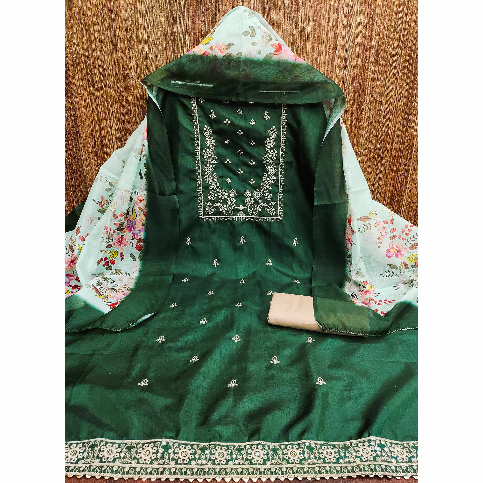 Green Floral Sequins Embroidered Cotton Blend Dress Material