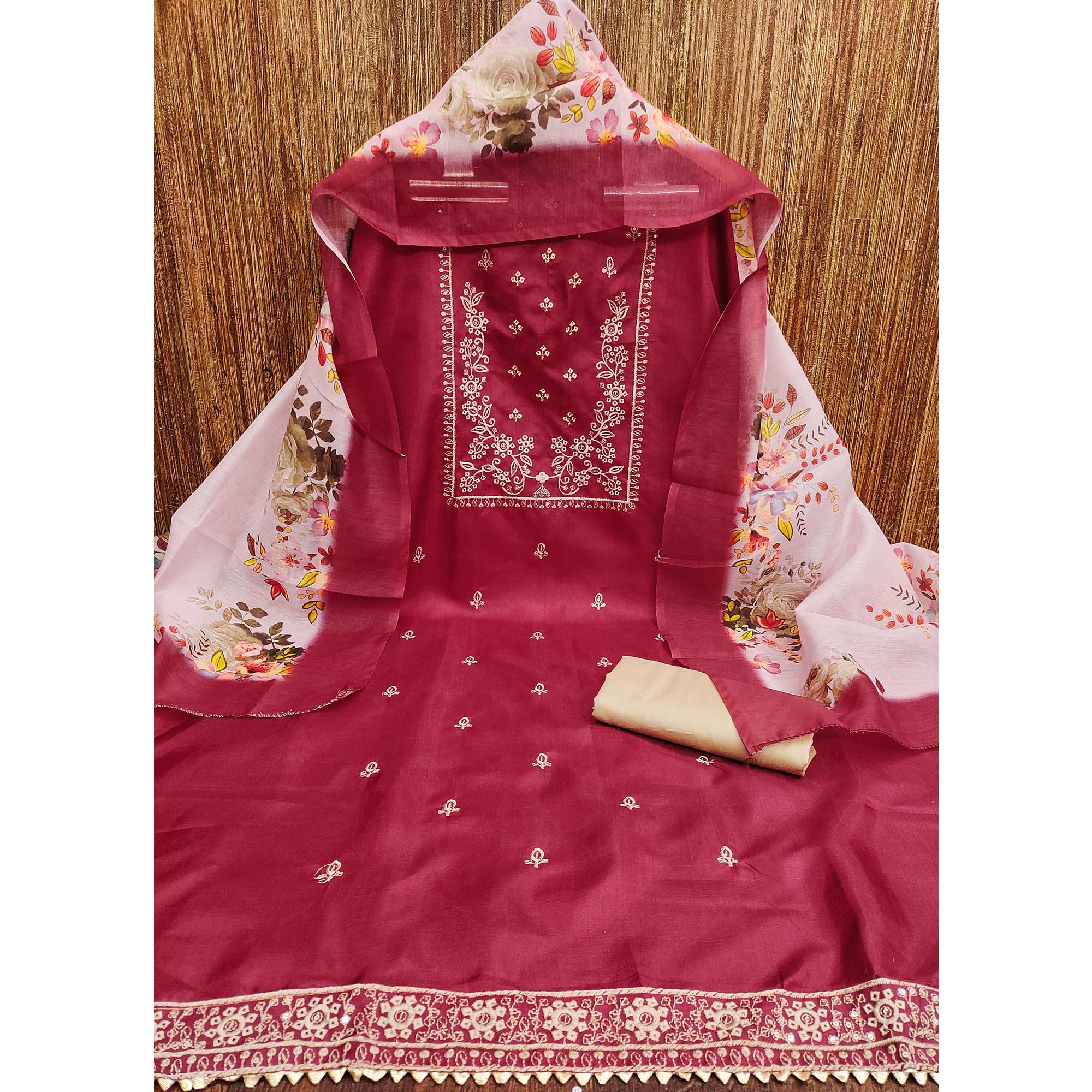 Maroon Floral Sequins Embroidered Cotton Blend Dress Material