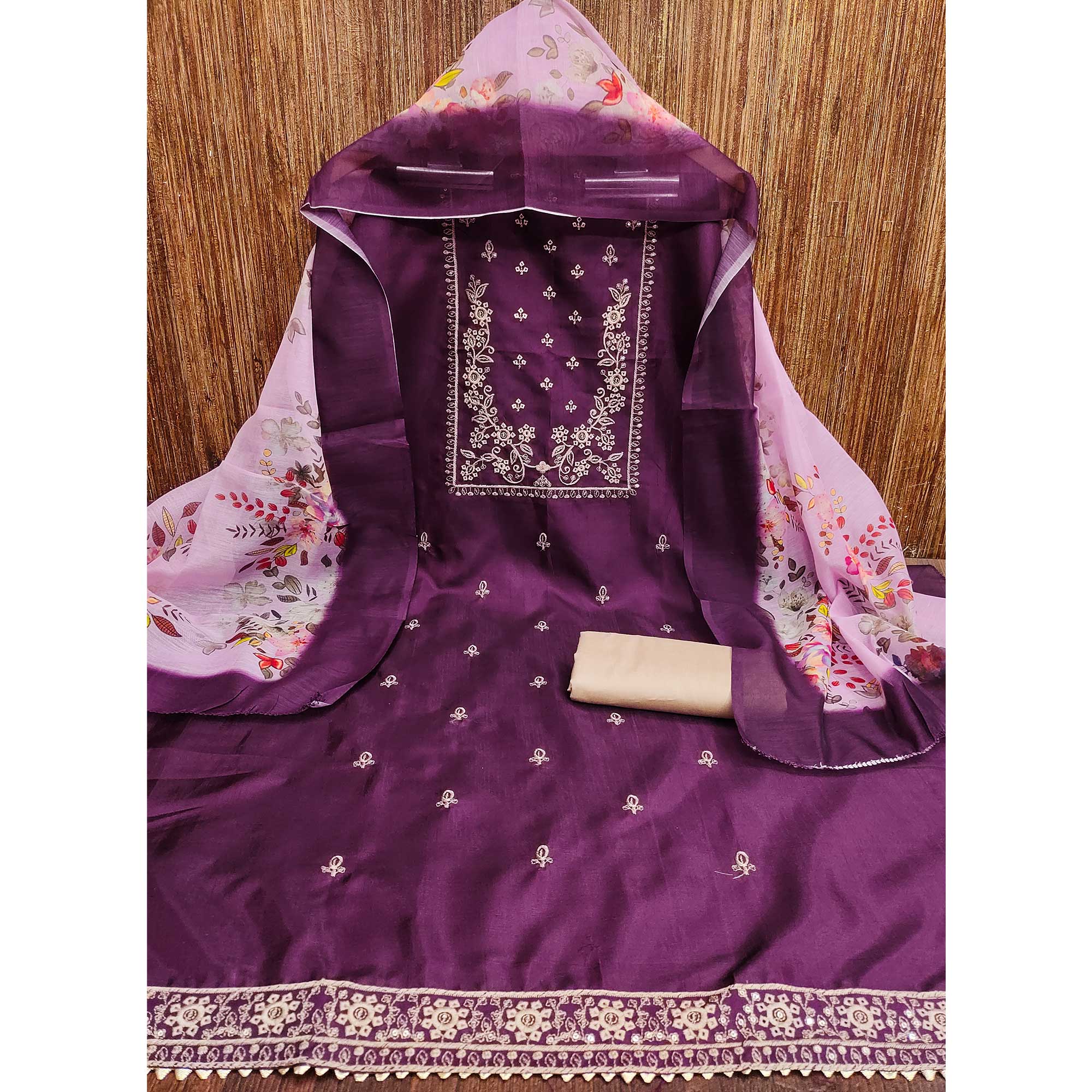 Wine Floral Sequins Embroidered Cotton Blend Dress Material