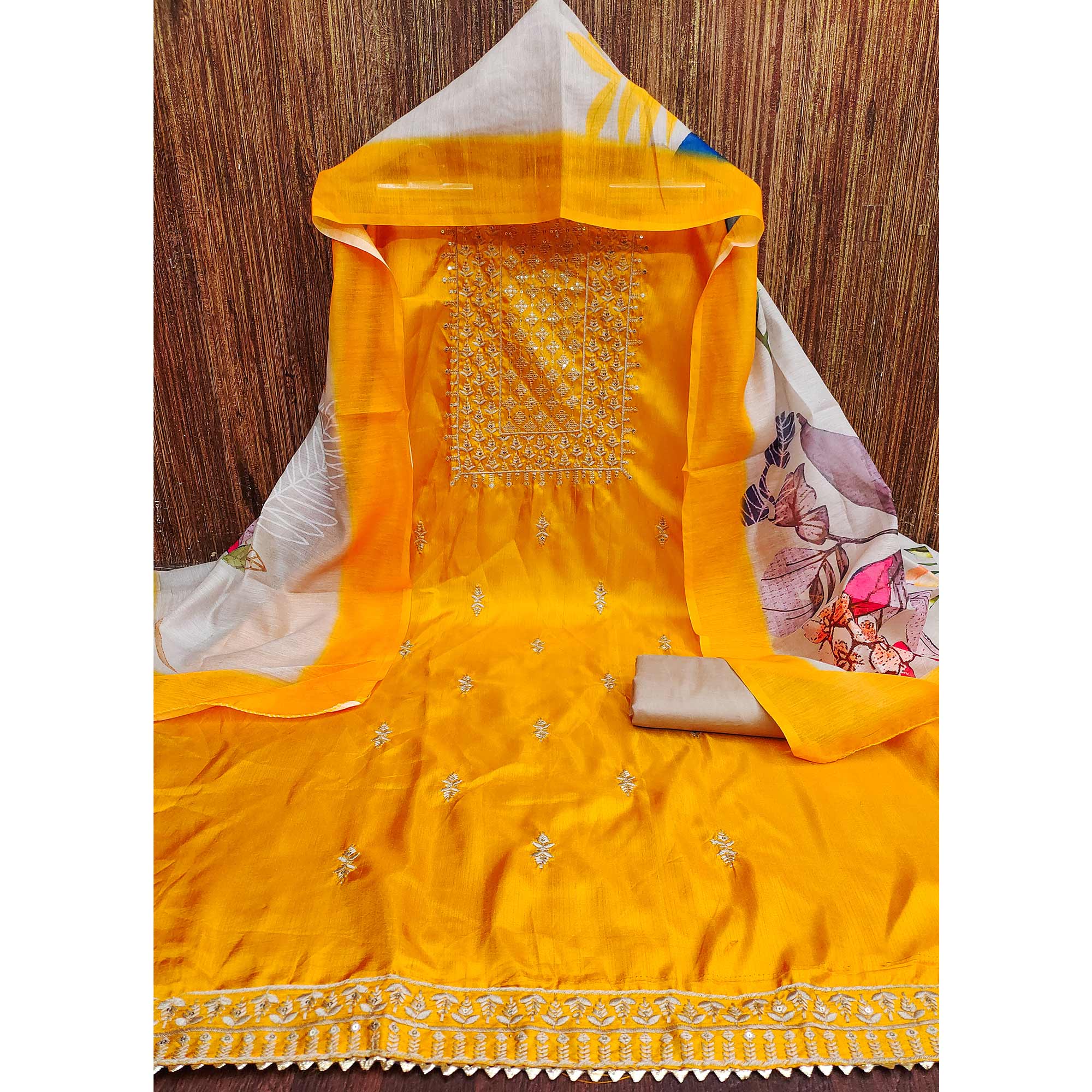 Yellow Floral Sequins Embroidered Cotton Blend Dress Material