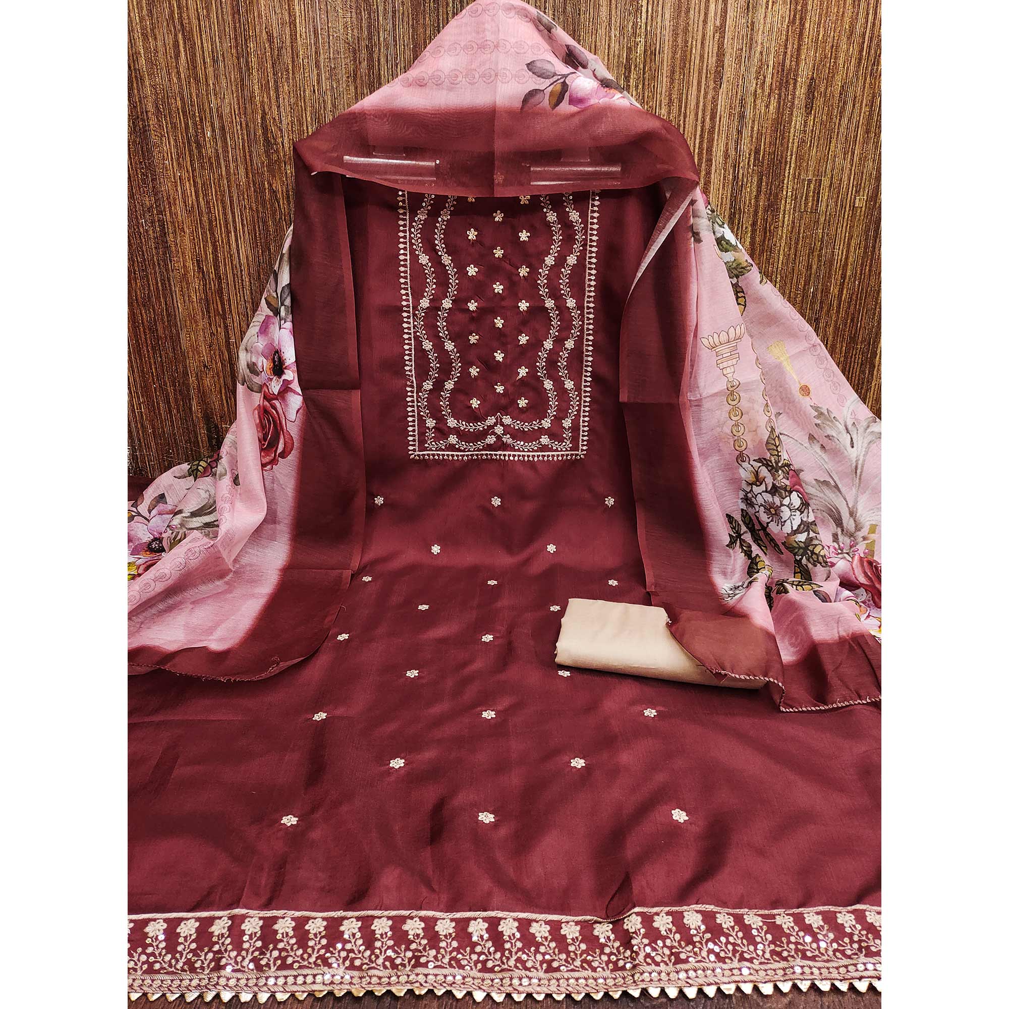 Maroon Floral Sequins Embroidered Cotton Blend Dress Material