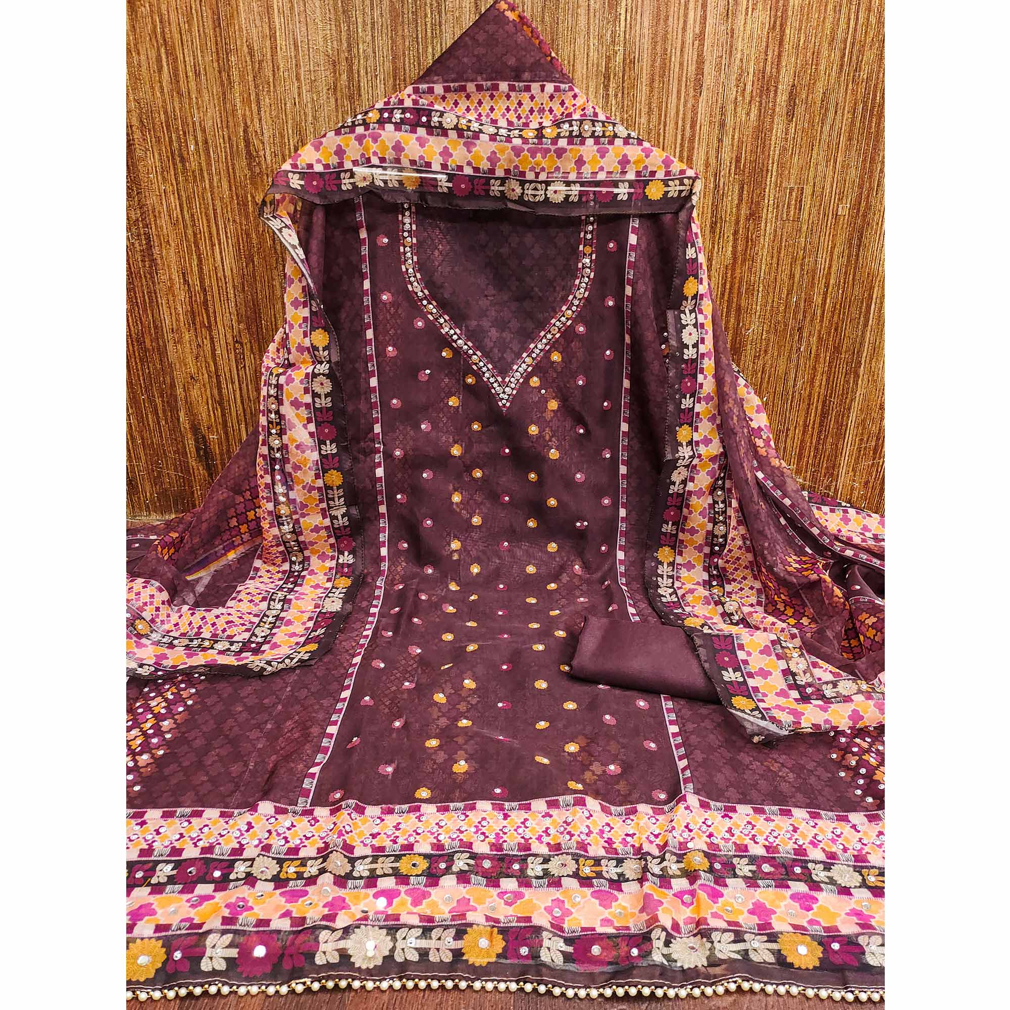 Dark Wine Floral Digital Printed With Diamond Work Organza Dress Material