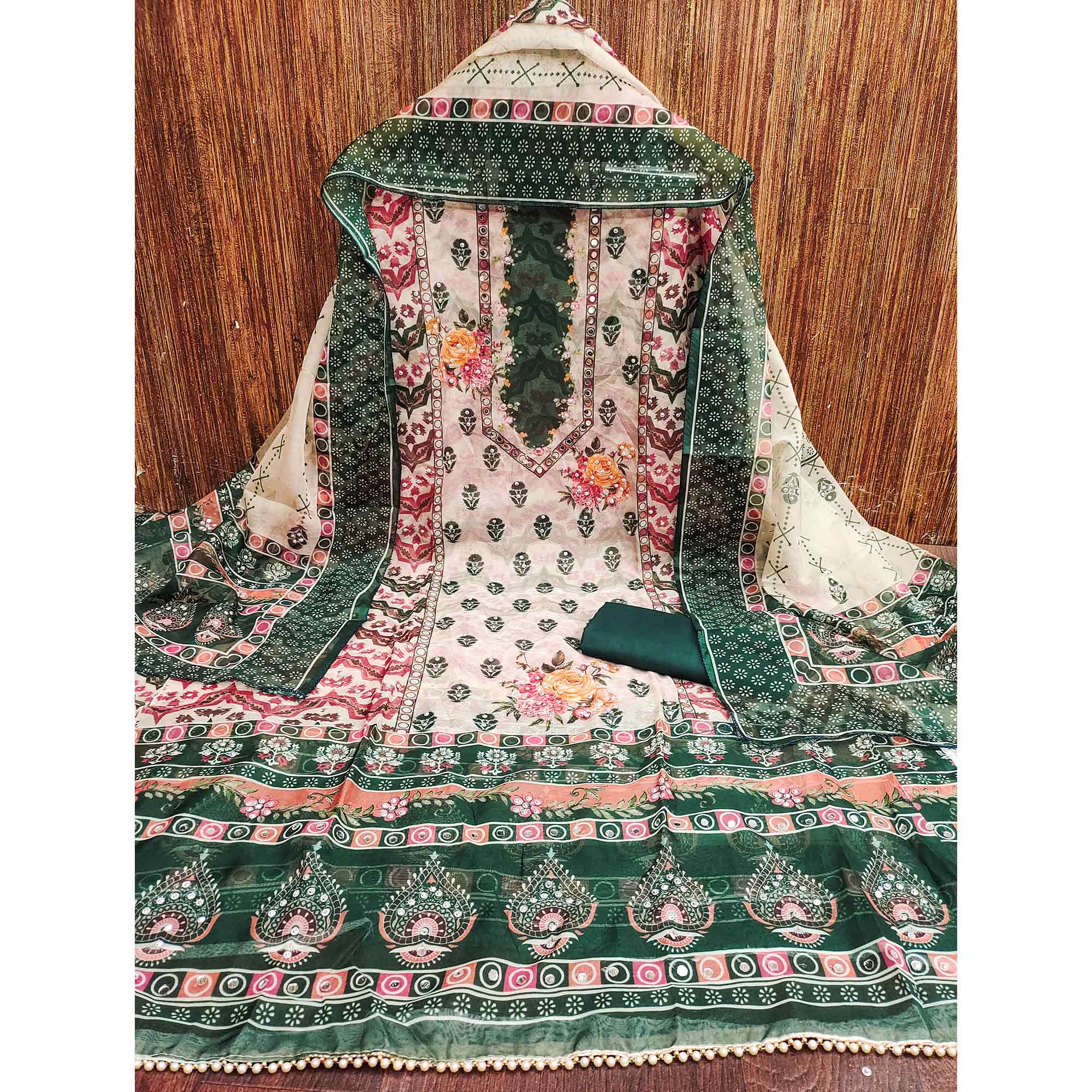 Green Floral Digital Print With Diamond & Mirror Work Organza Dress Material