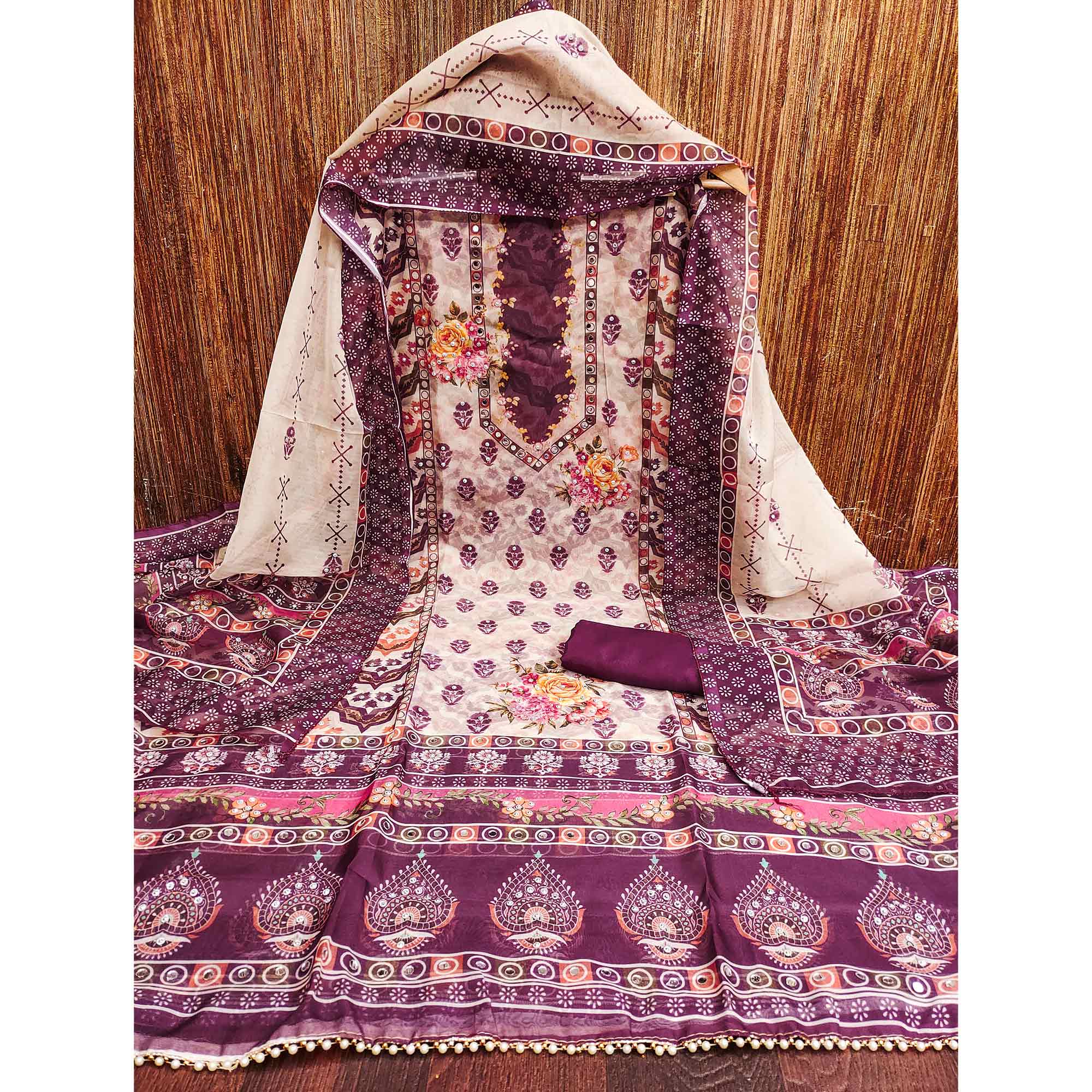 Purple Floral Digital Print With Diamond & Mirror Work Organza Dress Material