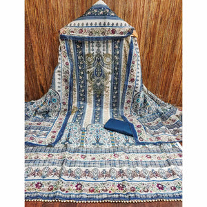 Blue Floral Digital Printed With Diamond Work Organza Dress Material