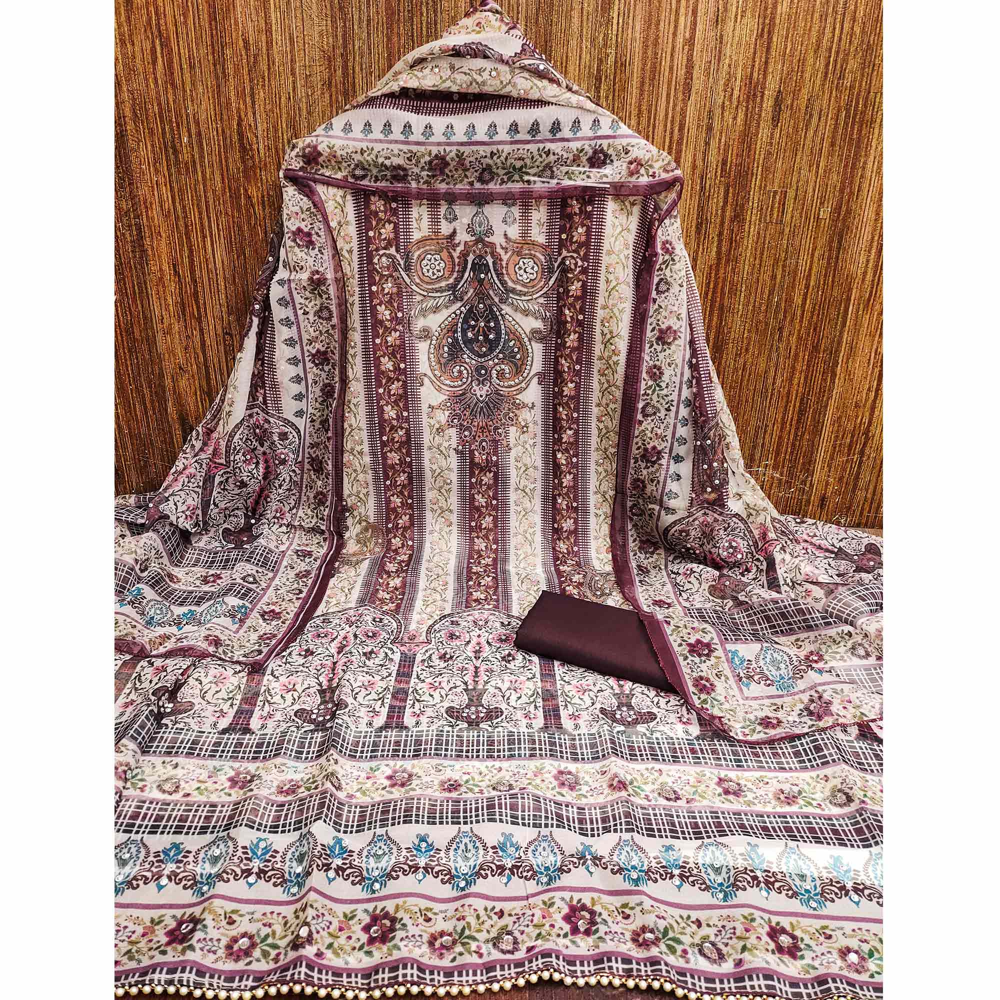 Dark Wine Floral Digital Printed With Diamond Work Organza Dress Material