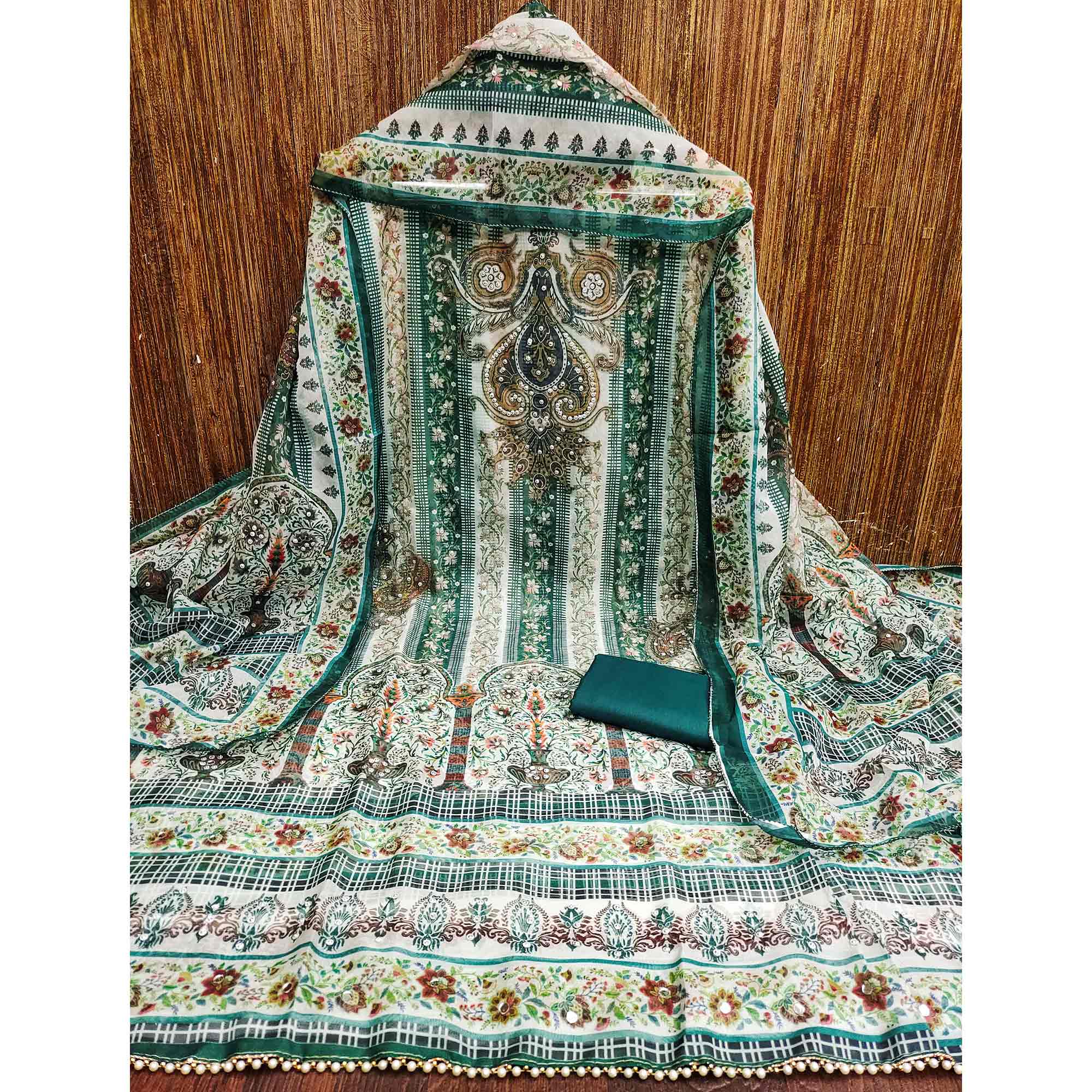 Green Floral Digital Printed With Diamond Work Organza Dress Material