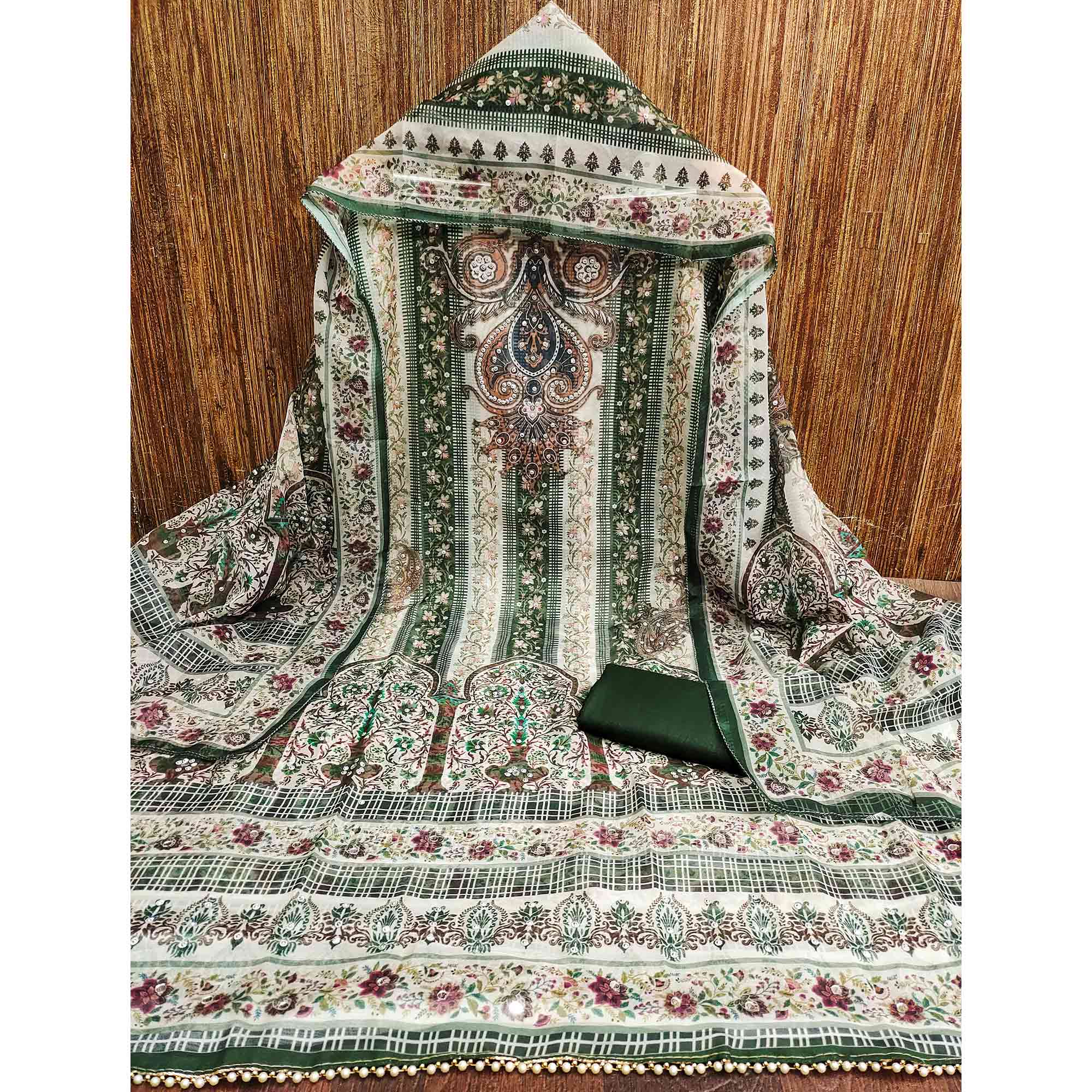 Mehendi Green Floral Digital Printed With Diamond Work Organza Dress Material