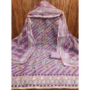 Lavender Floral Sequins Embroidered Organza Dress Material With Exquisite Handwork