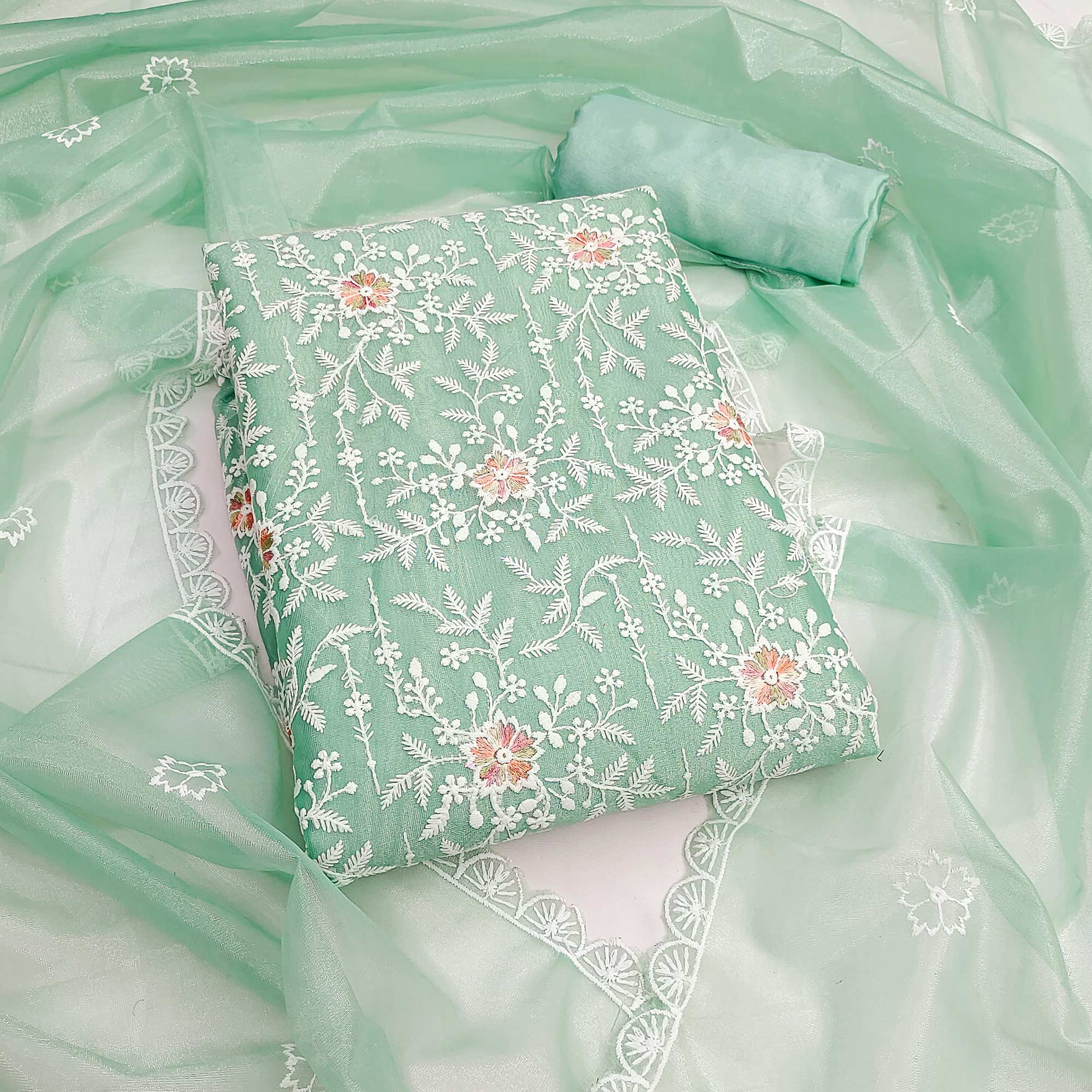 Refreshing Sea Green Organza Dress Material Adorned with Intricate Floral Embroidery