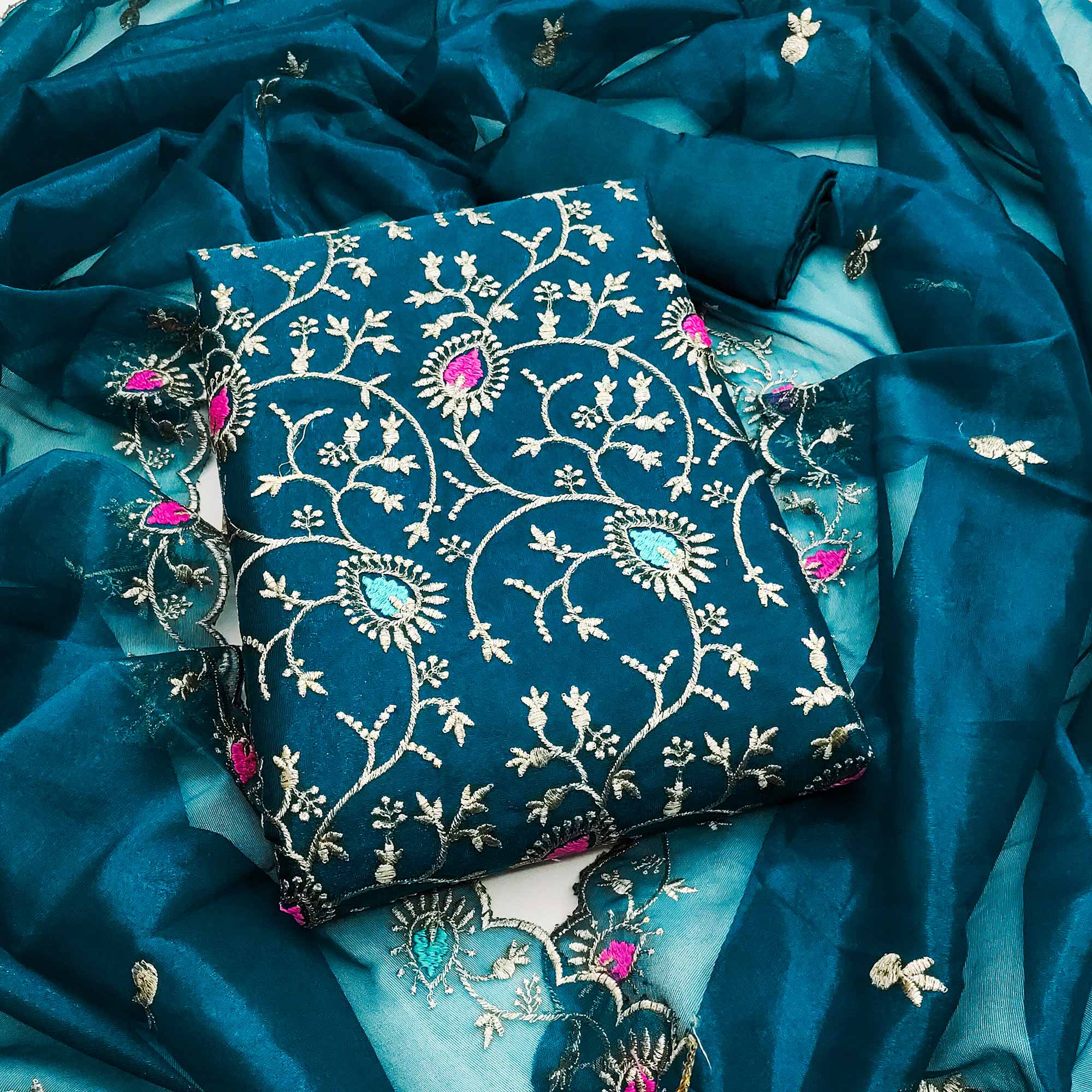 Dazzling Morpich Organza Dress Material with Exquisite Floral Thread & Zari Embroidery