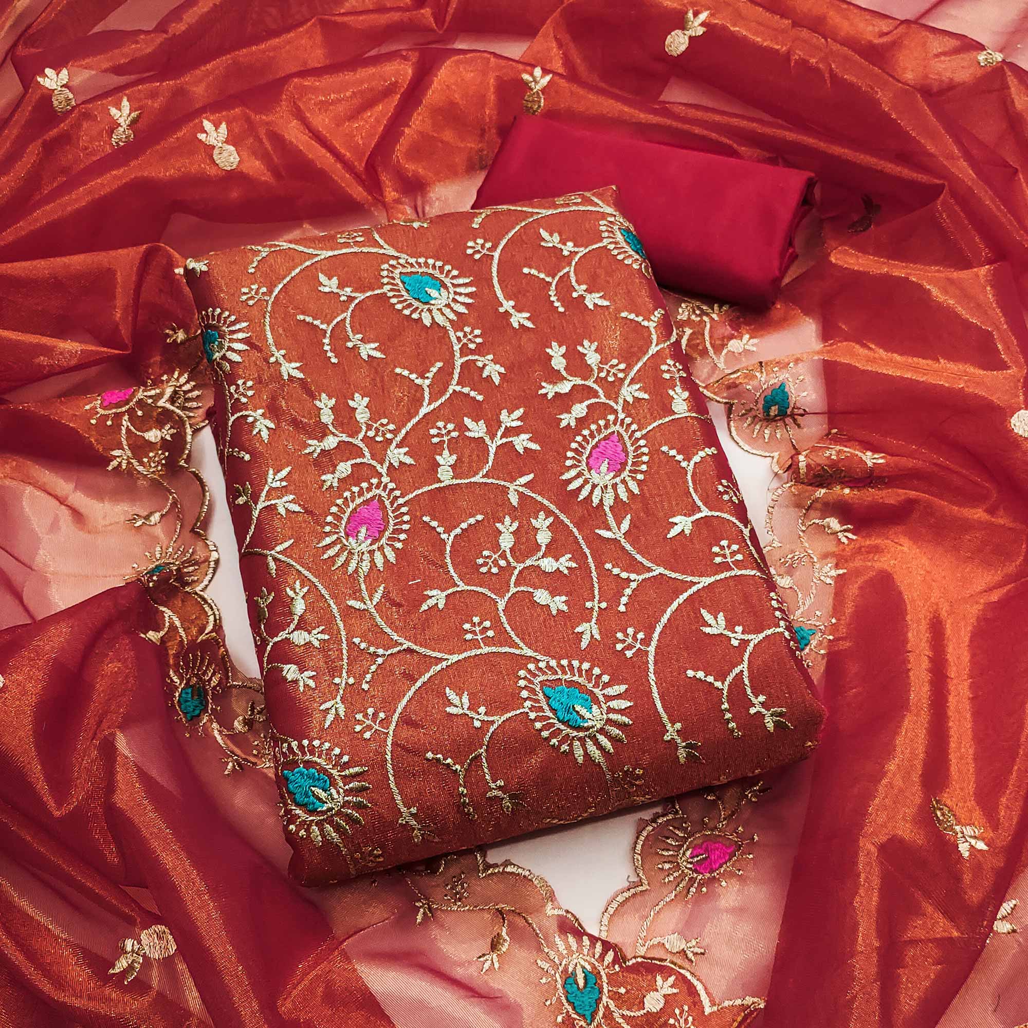 Elegant Rust Organza Dress Material with Exquisite Floral Thread & Zari Embroidery