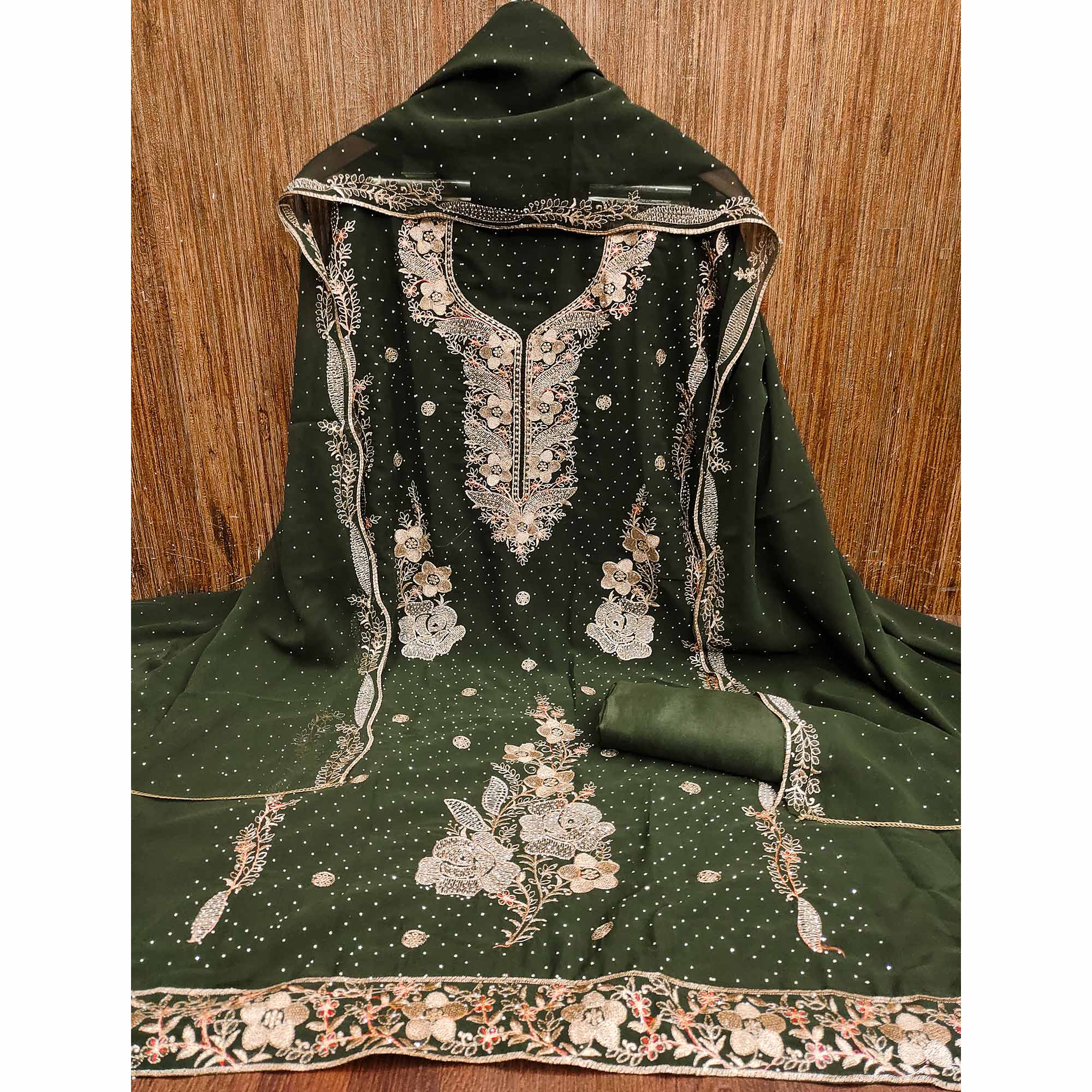 Mehendi Green Georgette Dress Material With Luxurious Floral Zari Embroidery & Stonework