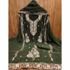 Mehendi Green Georgette Dress Material With Luxurious Floral Zari Embroidery & Stonework