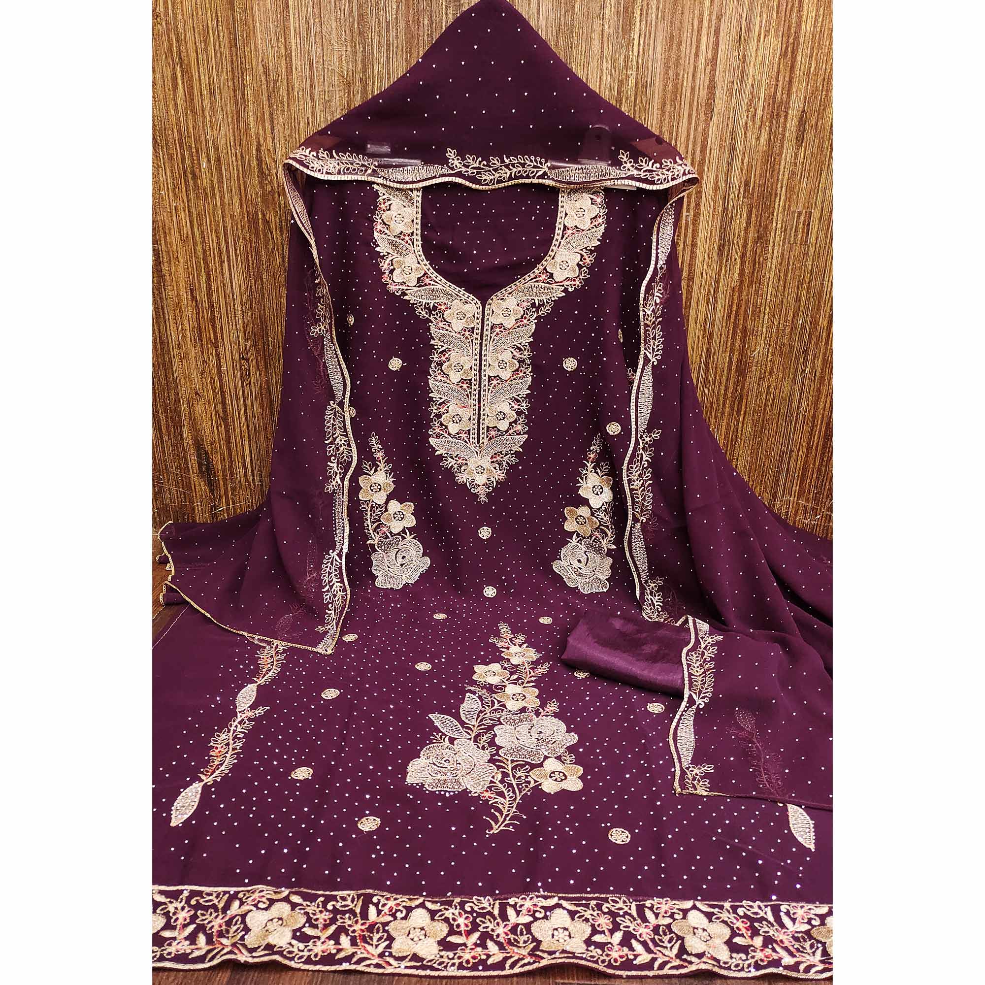 Wine Georgette Dress Material With Luxurious Floral Zari Embroidery & Stonework