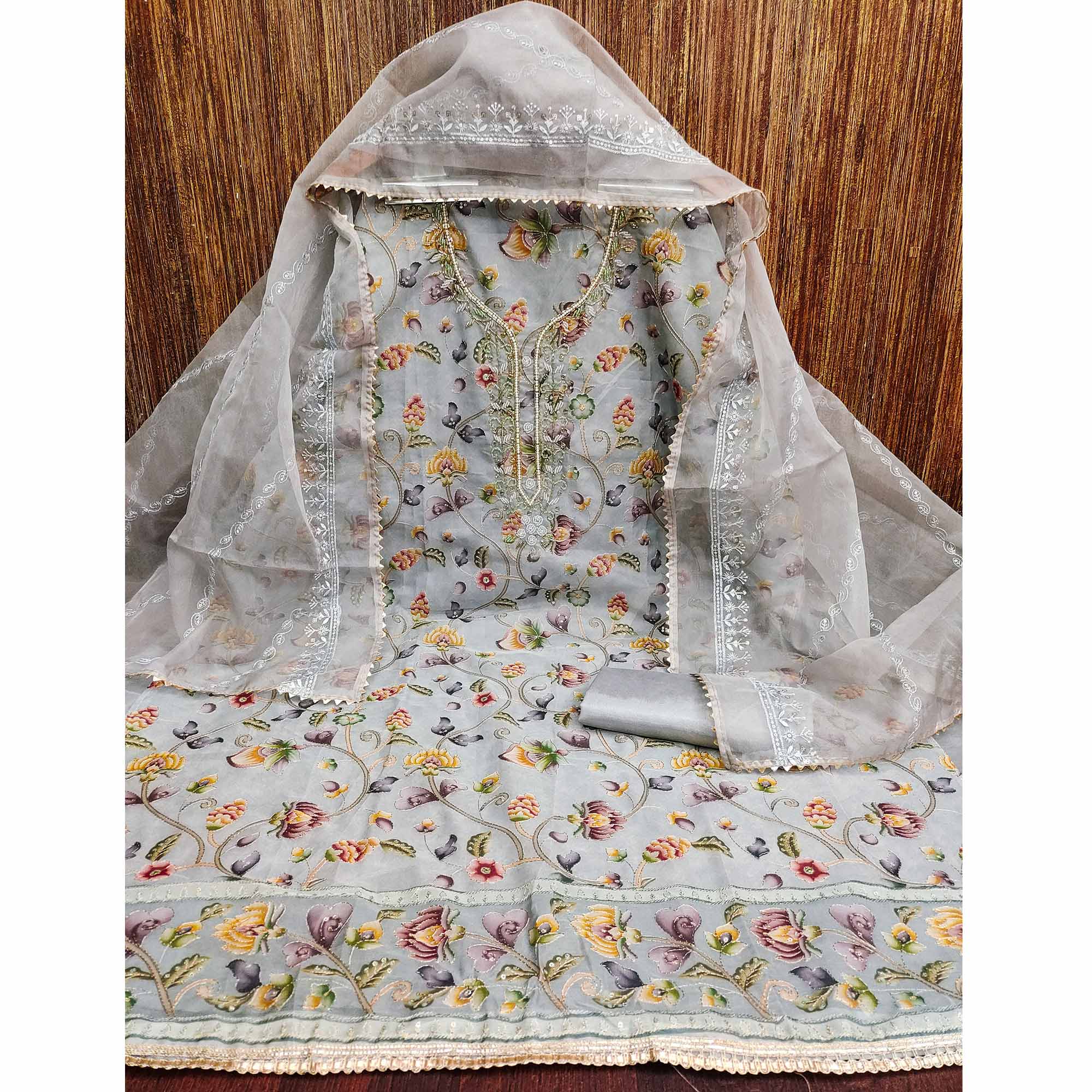 Grey Organza Dress Material With Graceful Floral Print With Handwork Detailing