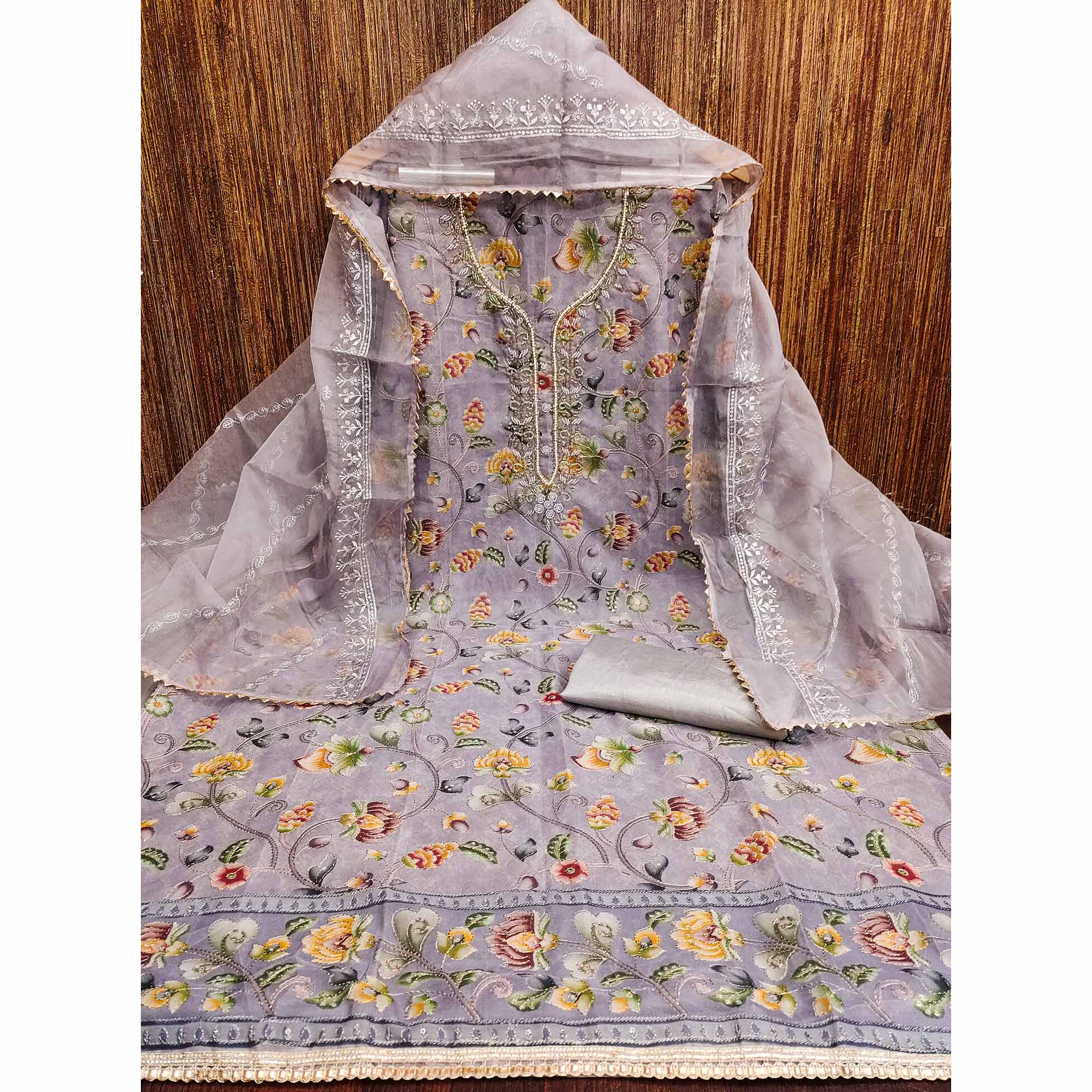 Light Lavender Organza Dress Material With Graceful Floral Print With Handwork Detailing