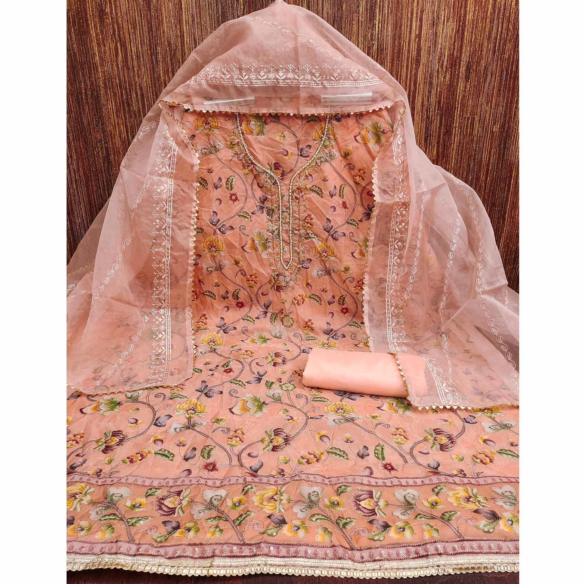 Peach Organza Dress Material With Graceful Floral Print With Handwork Detailing