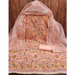 Peach Organza Dress Material With Graceful Floral Print With Handwork Detailing