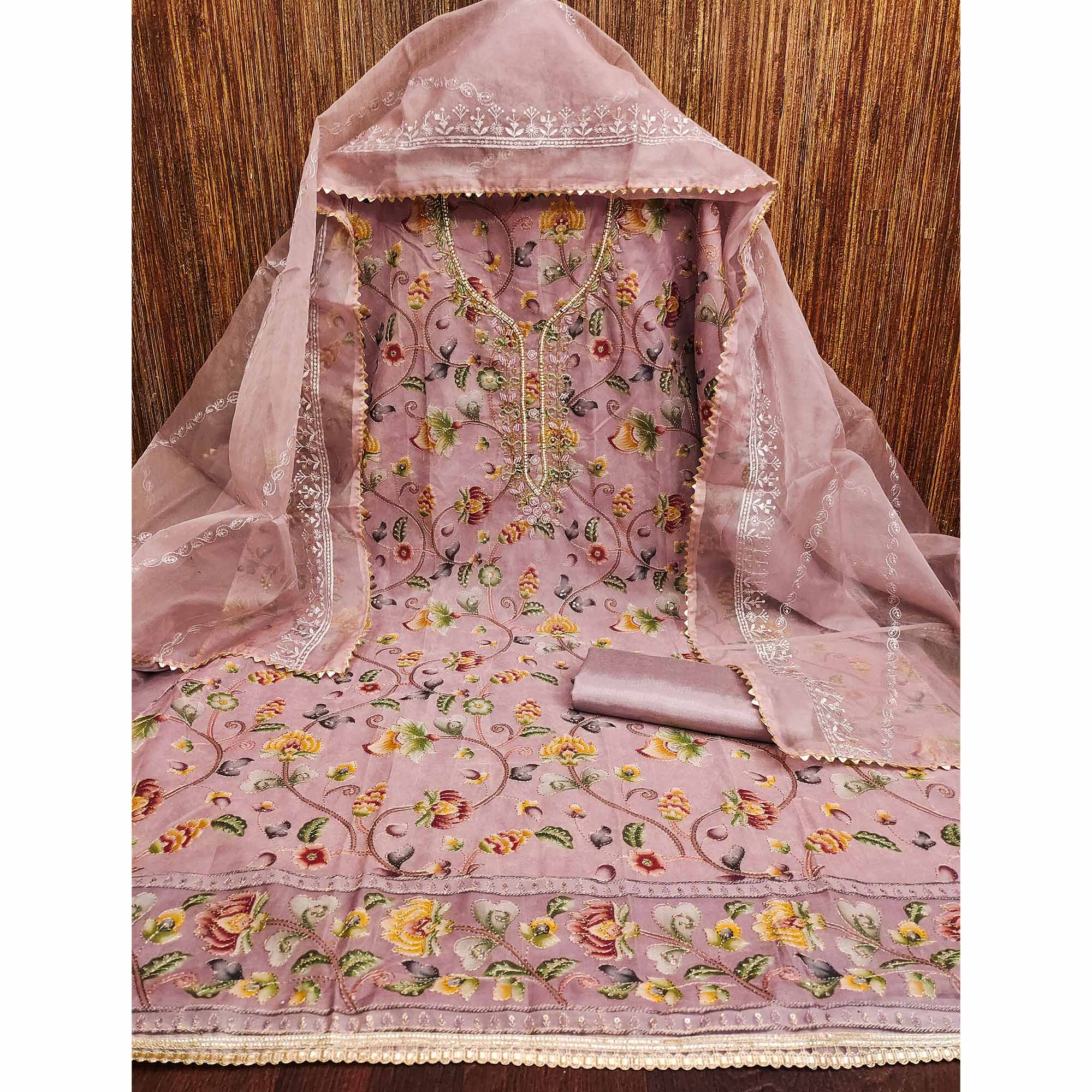 Pink Organza Dress Material With Graceful Floral Print With Handwork Detailing