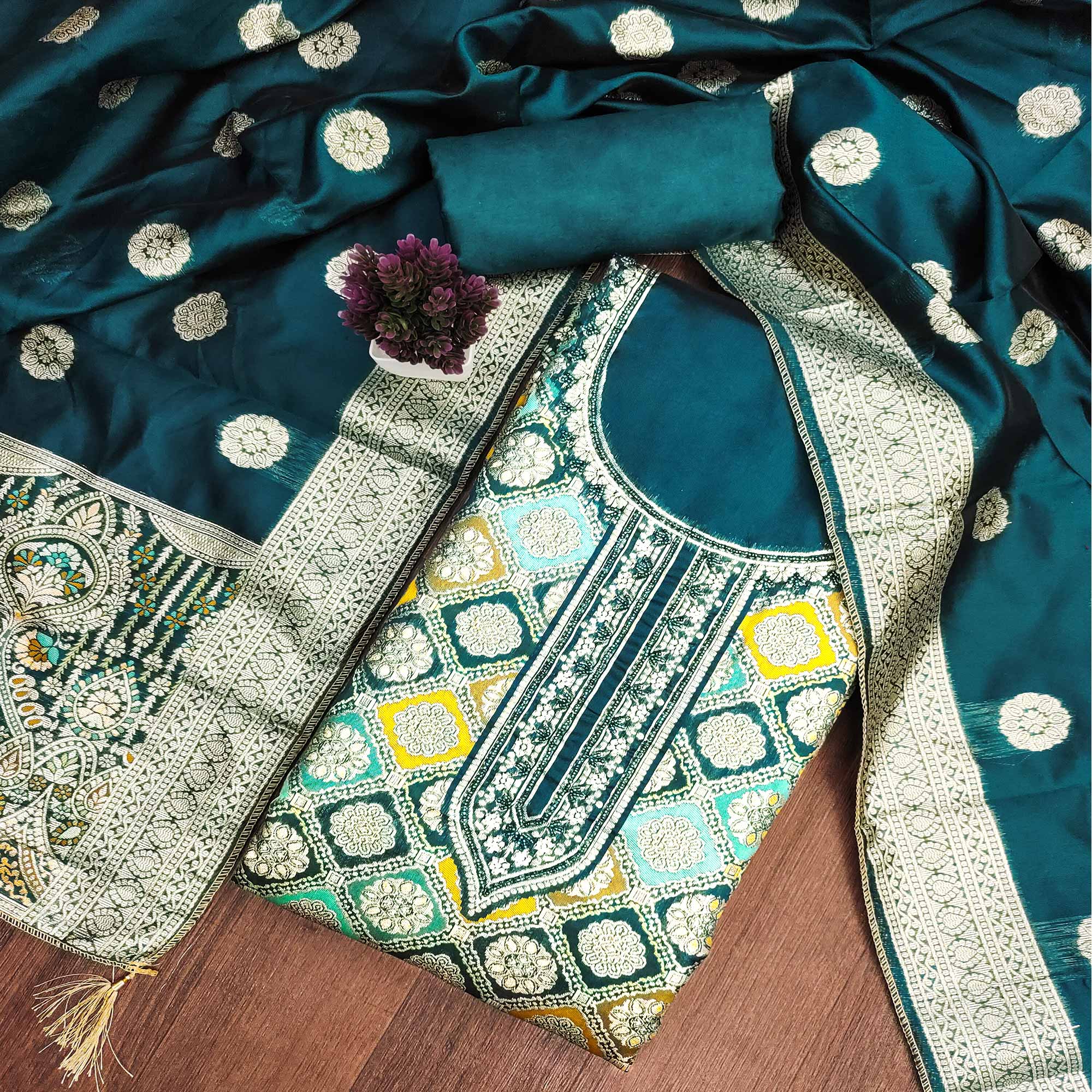 Dark Teal Unstitched Dress Material in Zari Woven Jacquard