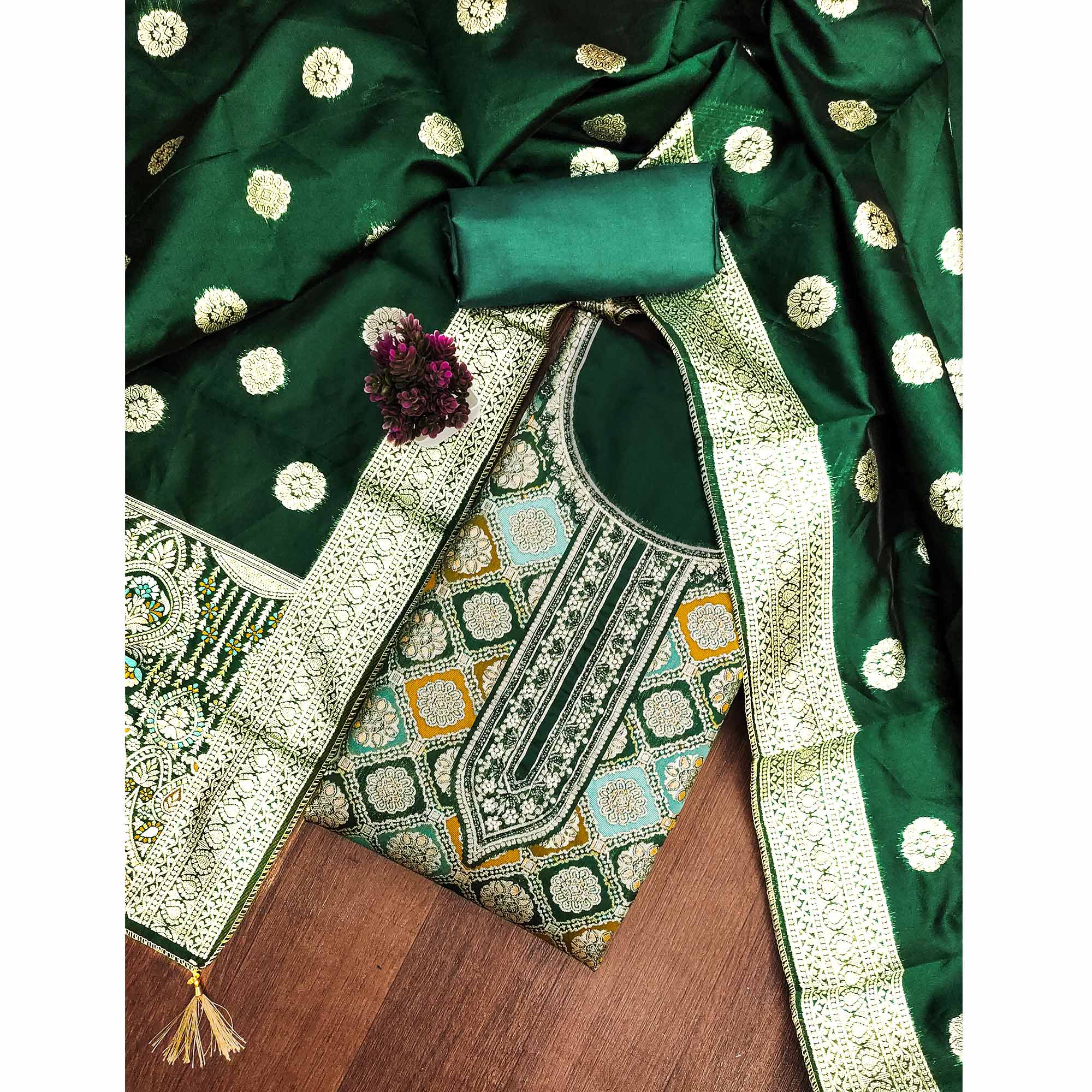 Green Unstitched Dress Material in Zari Woven Jacquard