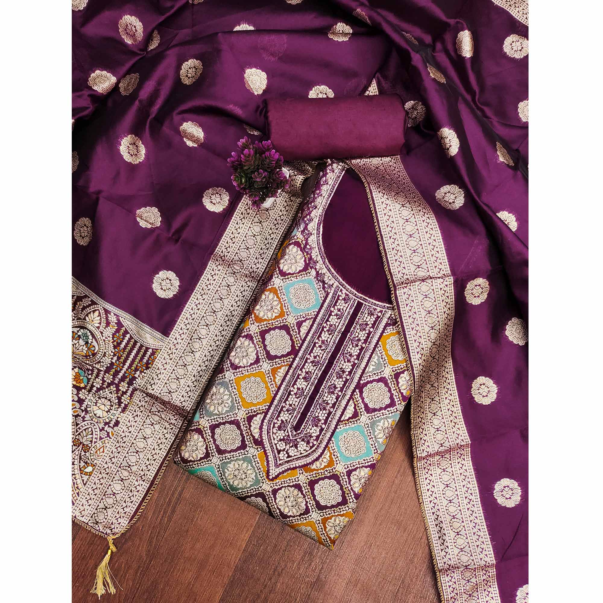 Wine Unstitched Dress Material in Zari Woven Jacquard