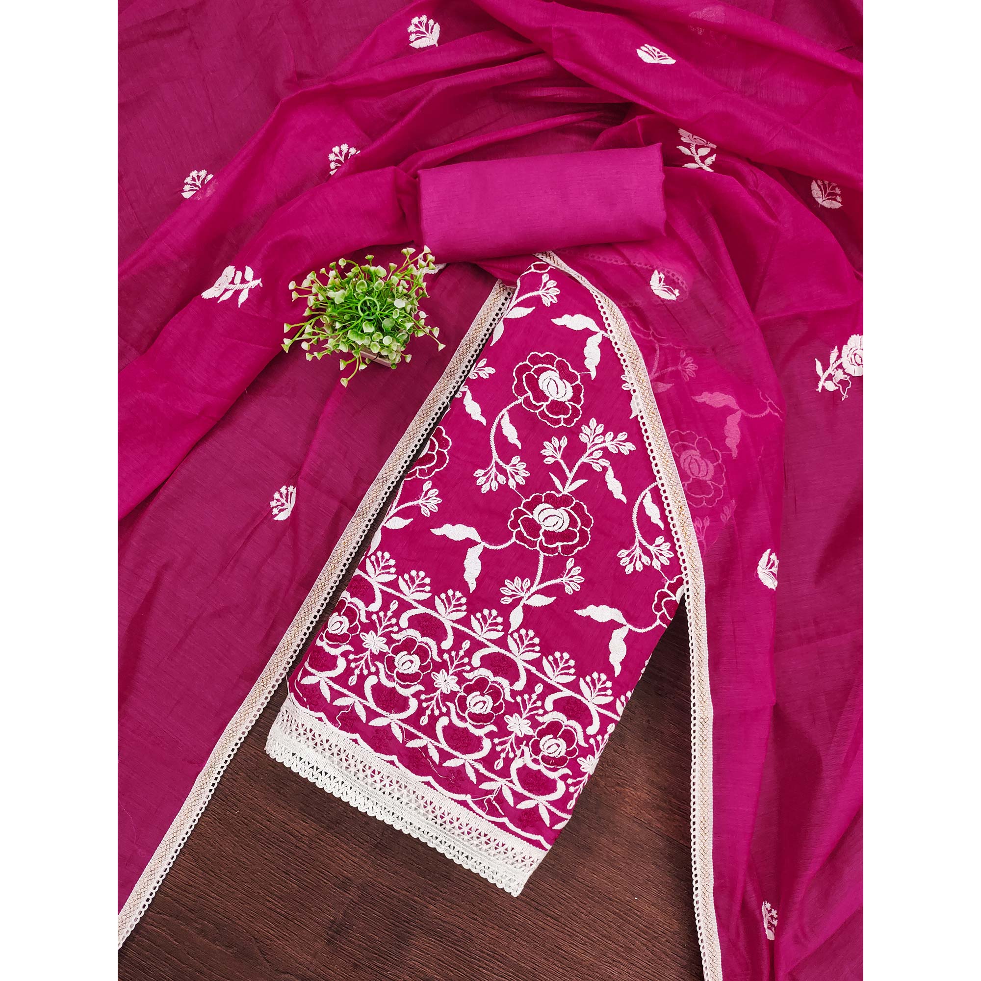 Dark Pink Embroidered Chanderi Cotton Suit Fabric with Floral Detailing