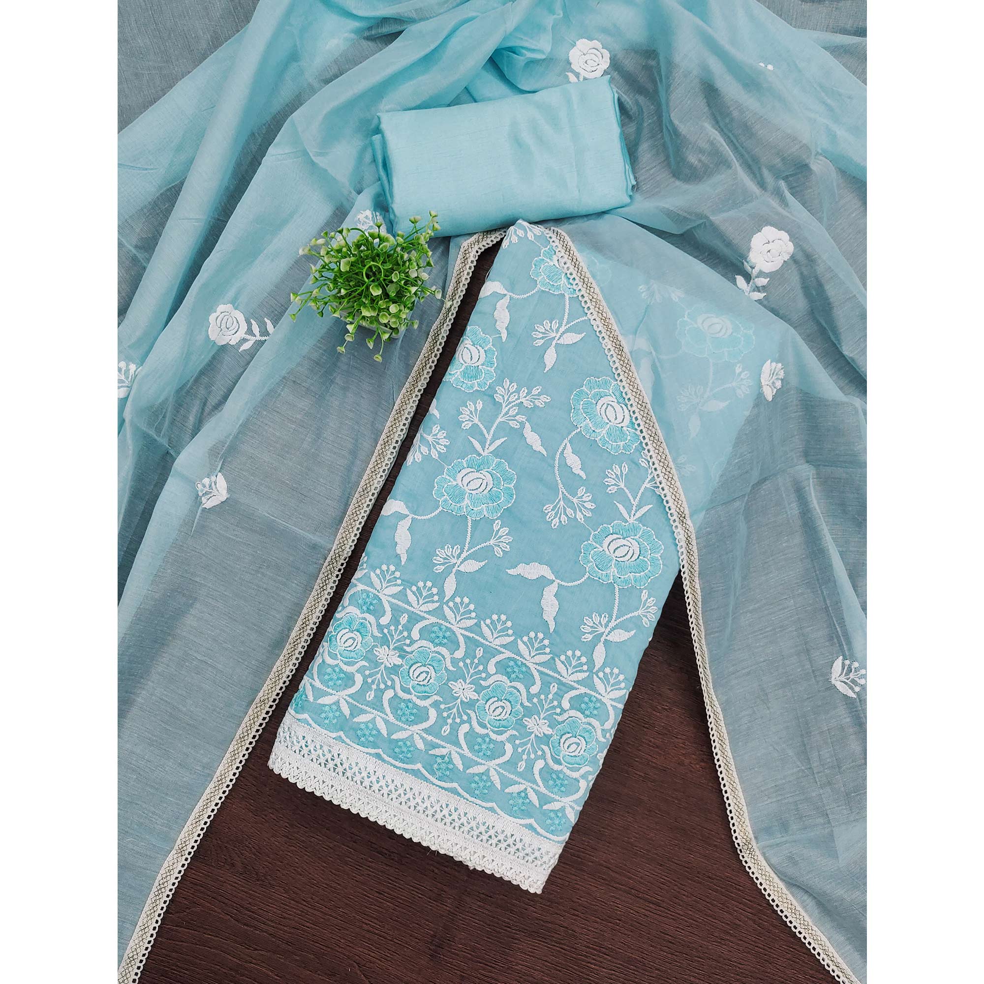 Sky Blue Embroidered Chanderi Cotton Suit Fabric with Floral Detailing