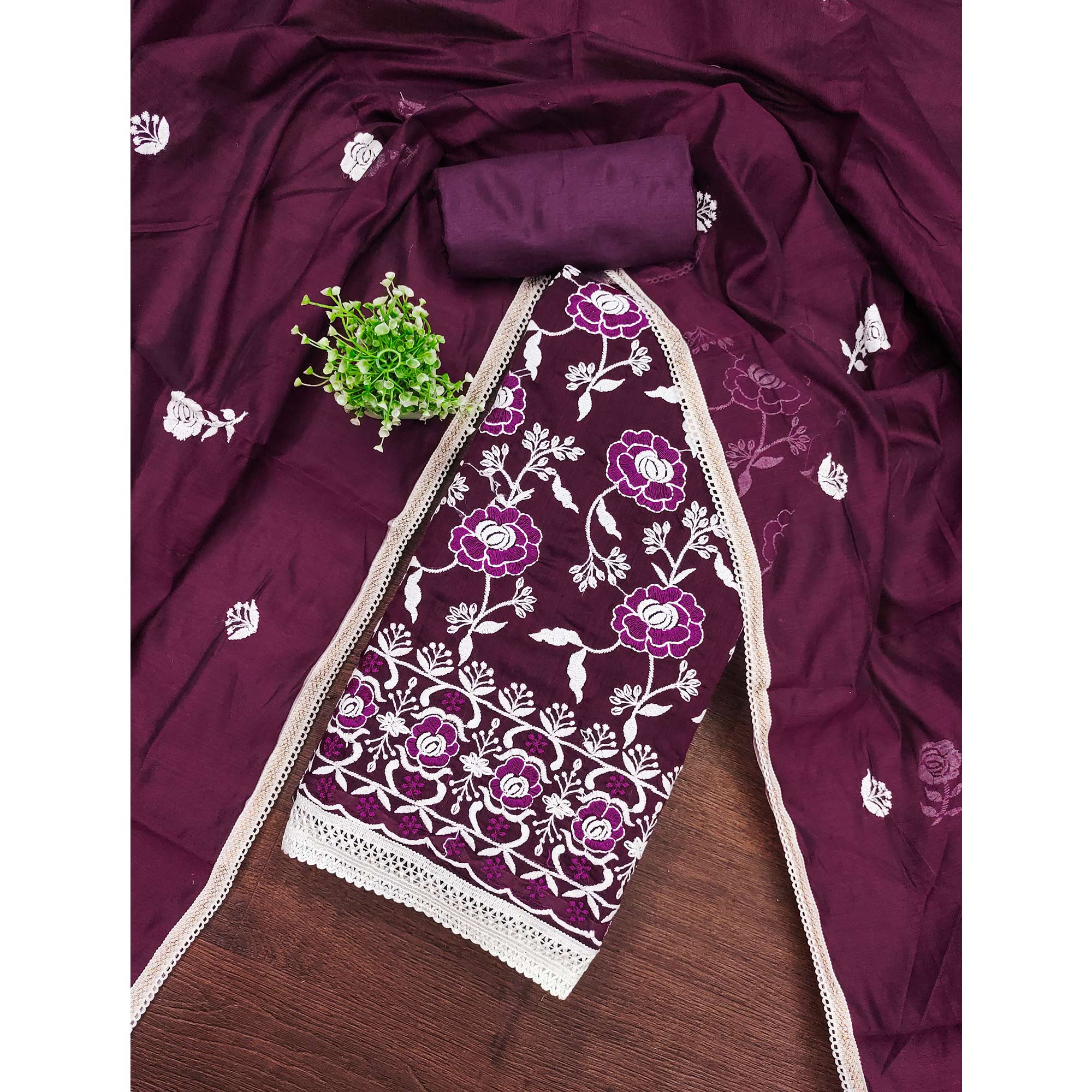 Wine Embroidered Chanderi Cotton Suit Fabric with Floral Detailing
