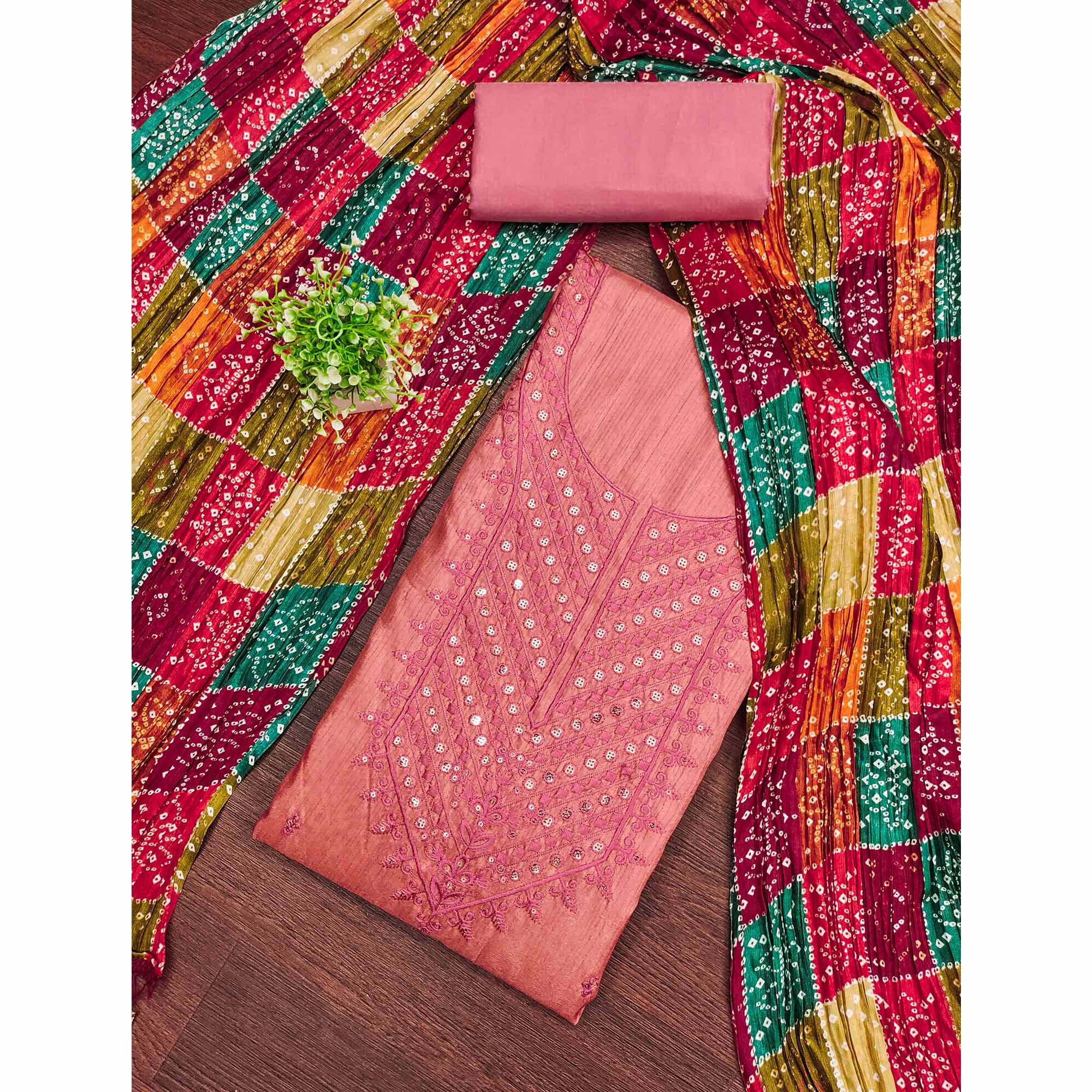 Pink Cotton Blend Suit Material with Soft Floral Embroidery