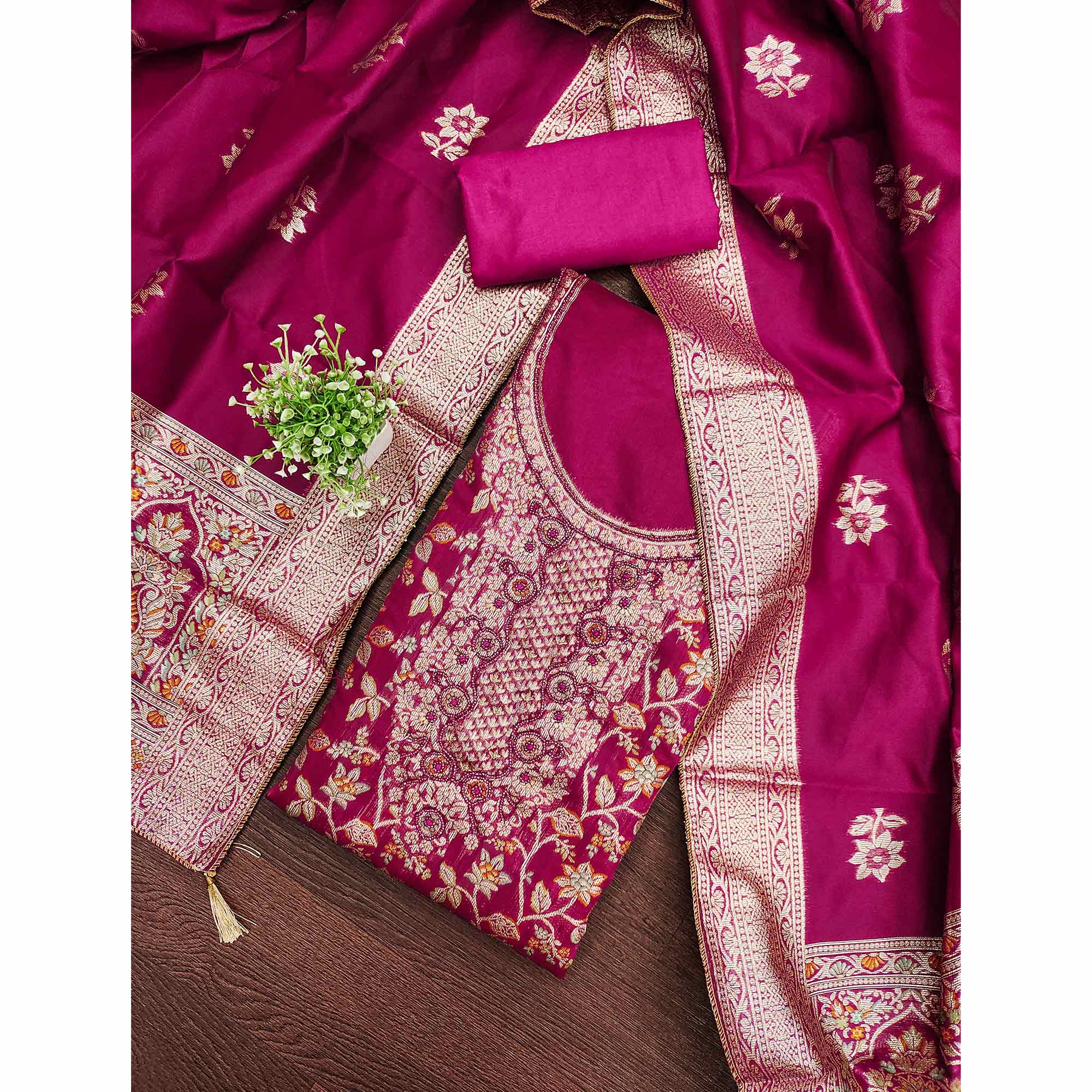 Unstitched Pink Jacquard Dress Set with Traditional Zari Weaving