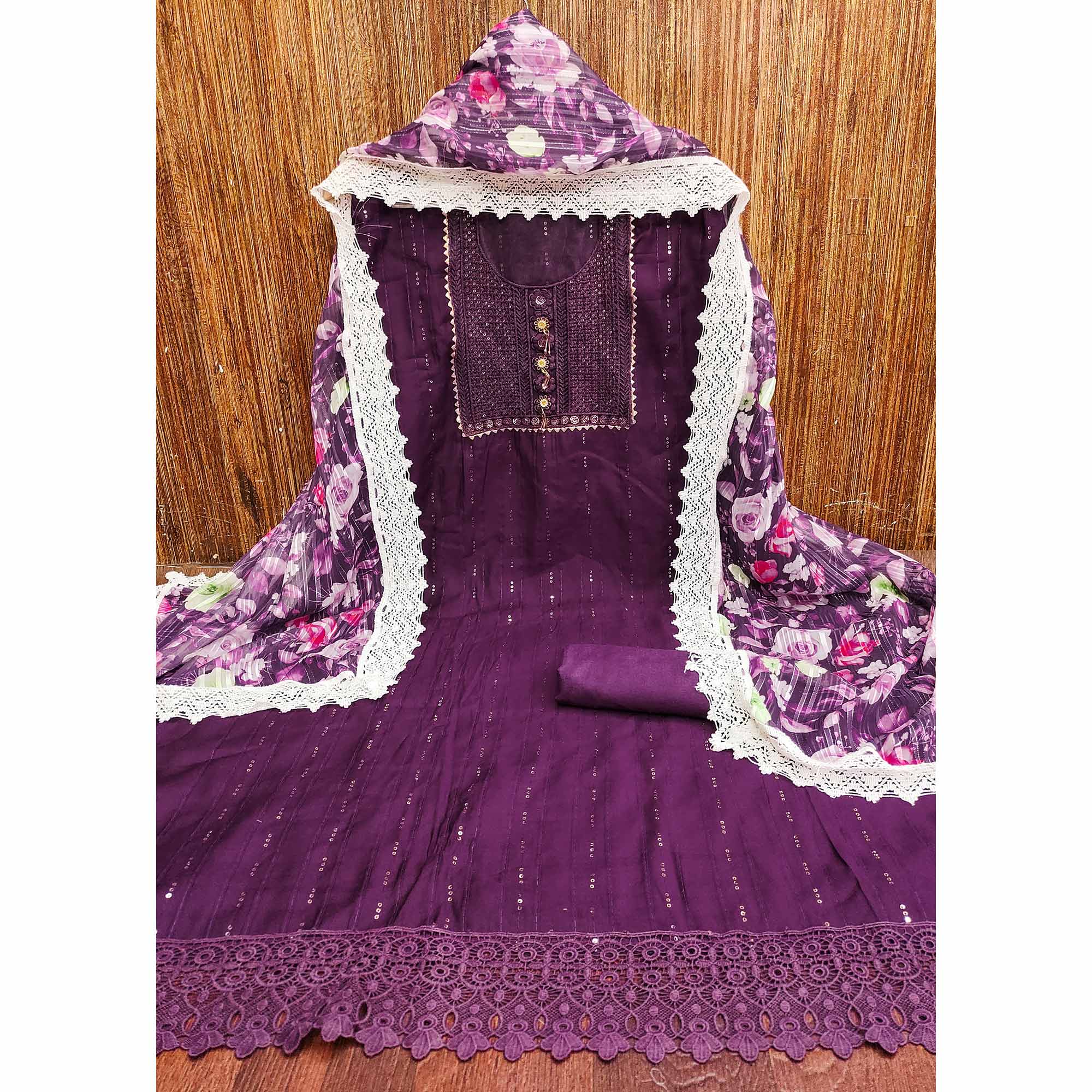 Deep Purple Cotton Blend Suit Material Enhanced with Sequins Embroidery