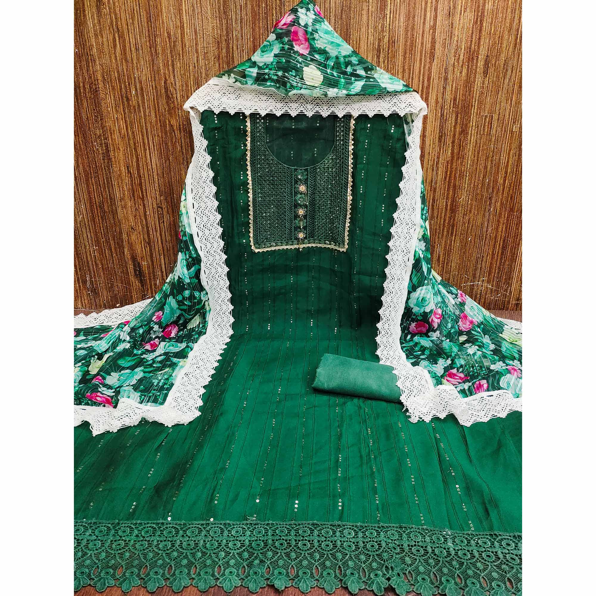Green Cotton Blend Suit Material Enhanced with Sequins Embroidery