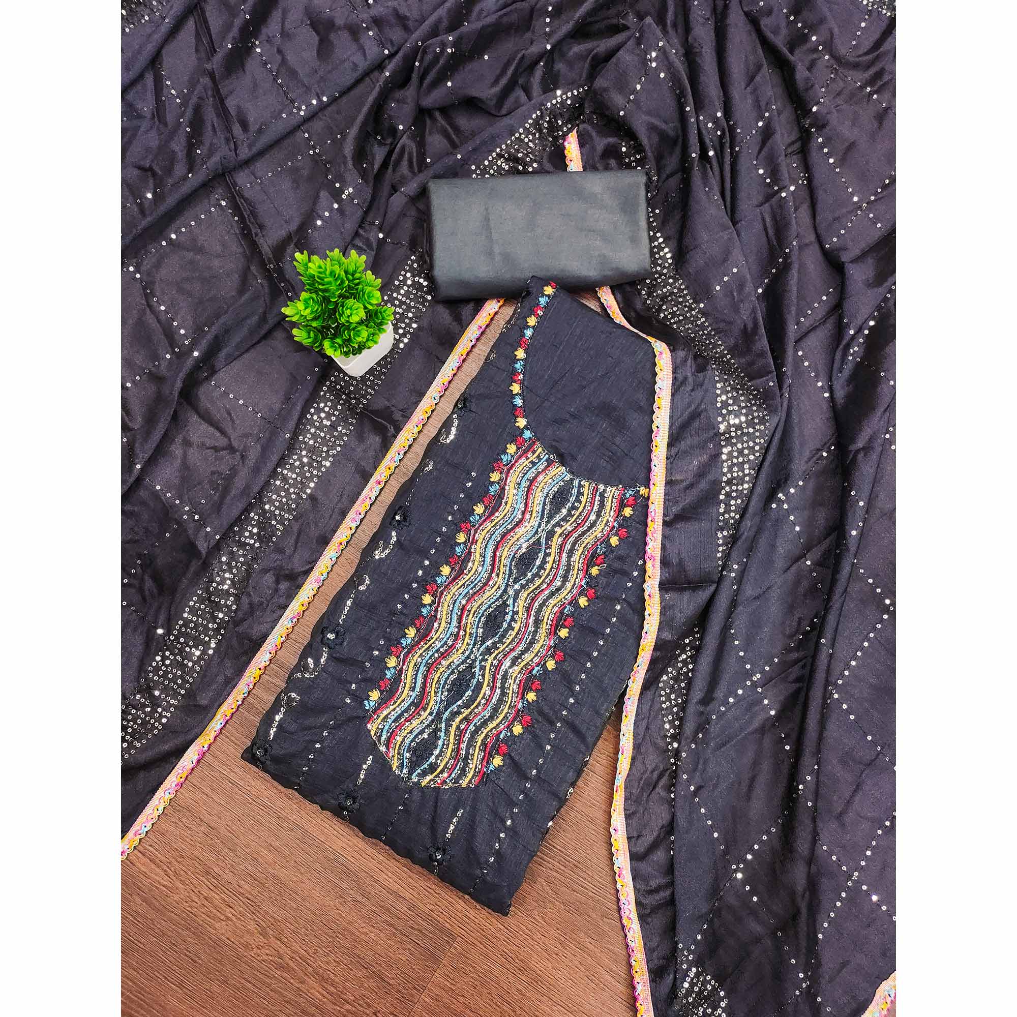 Festive Dark Grey Dress Material in Vichitra Silk with Sequin Highlights