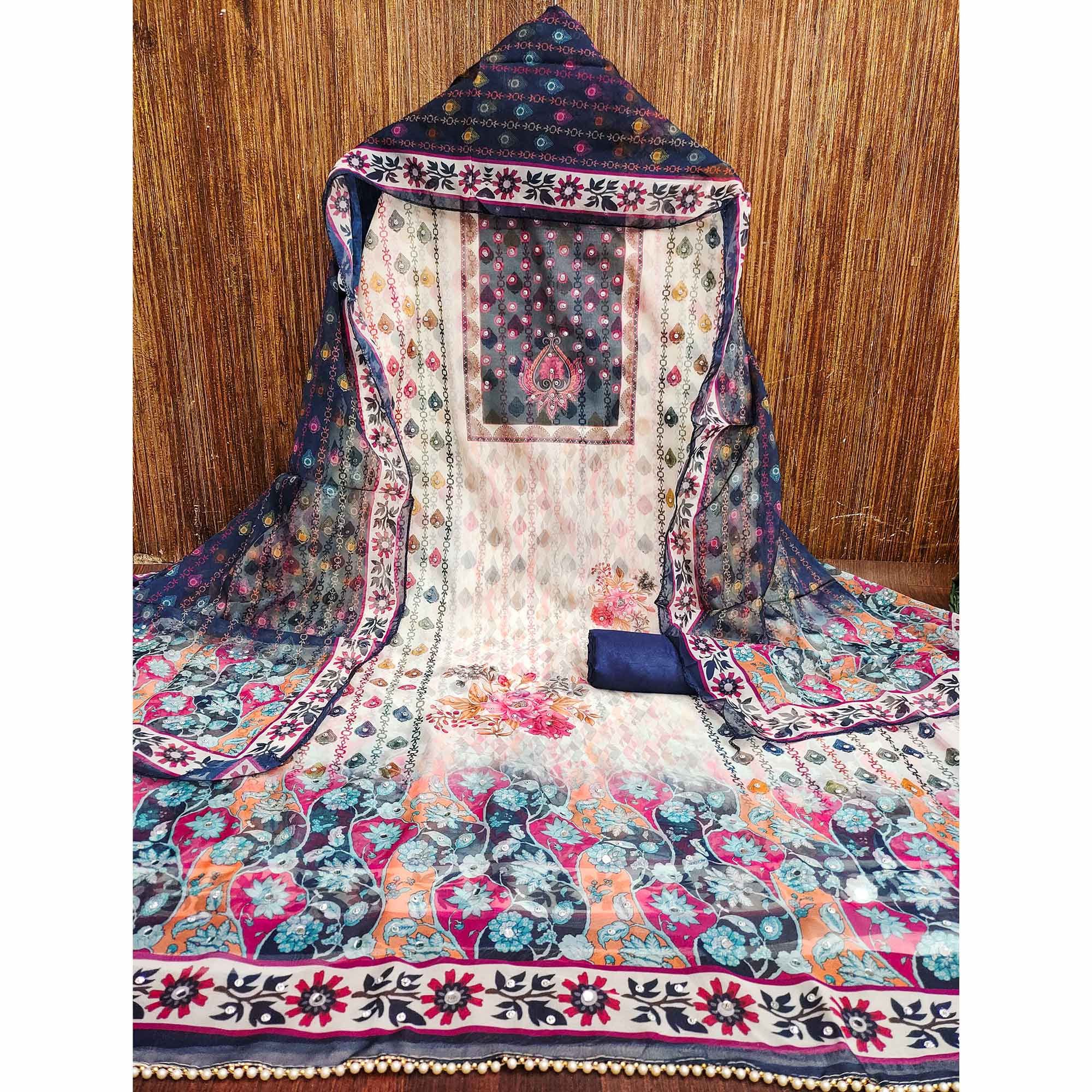 Off-White & Blue Organza Dress Material with Elegant Floral Prints