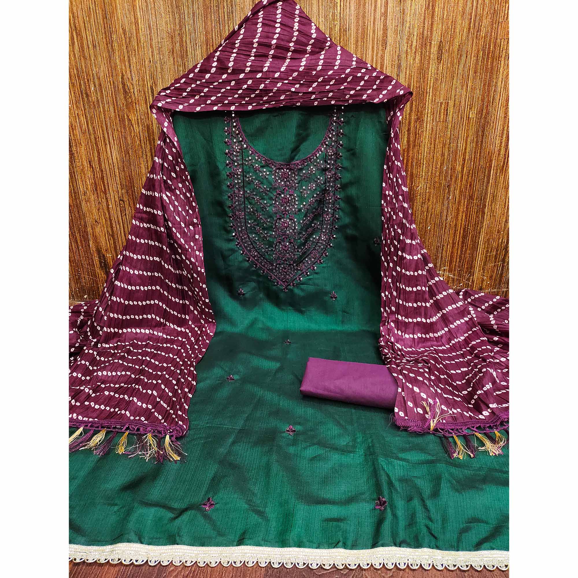 Unstitched Green Cotton Dress Material Enhanced with Thread Embroidery